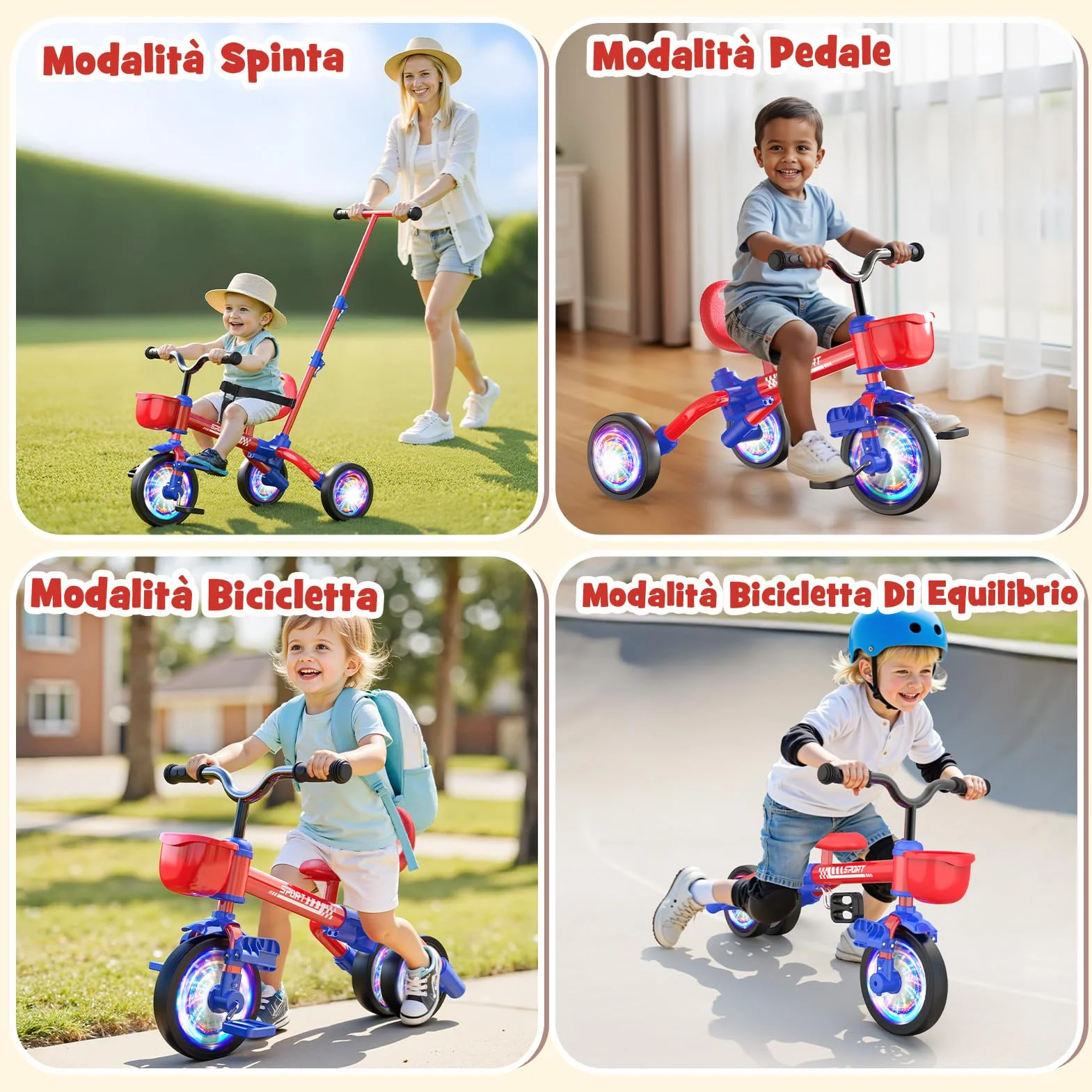 HappyGoLucky 5 in 1 Triciclo per Bambini Evolutivo, Bicicletta Bambini 1-5 Anni-Ruote Luminose/Maniglia Parentale/Sedili&pedali Regolabili