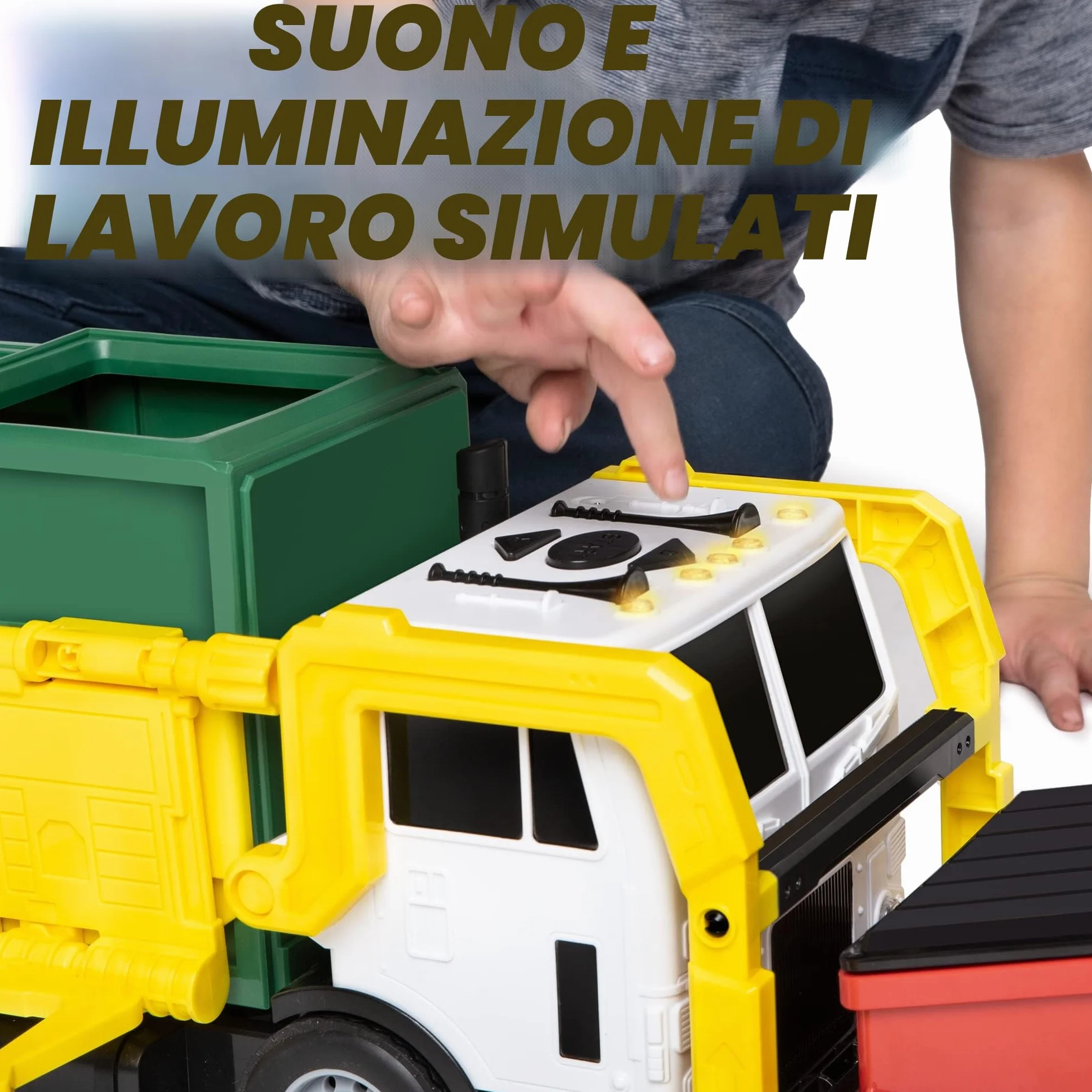 JOYIN Grande Camion Spazzatura da 40 cm, Giocattolo a Frizione con Luci e Suoni, con Pattumiera a Caricamento Frontale, 3 Bidoni Laterali con 30 Carte Pattumiera, Giocattoli per Bambini 3+(verde)