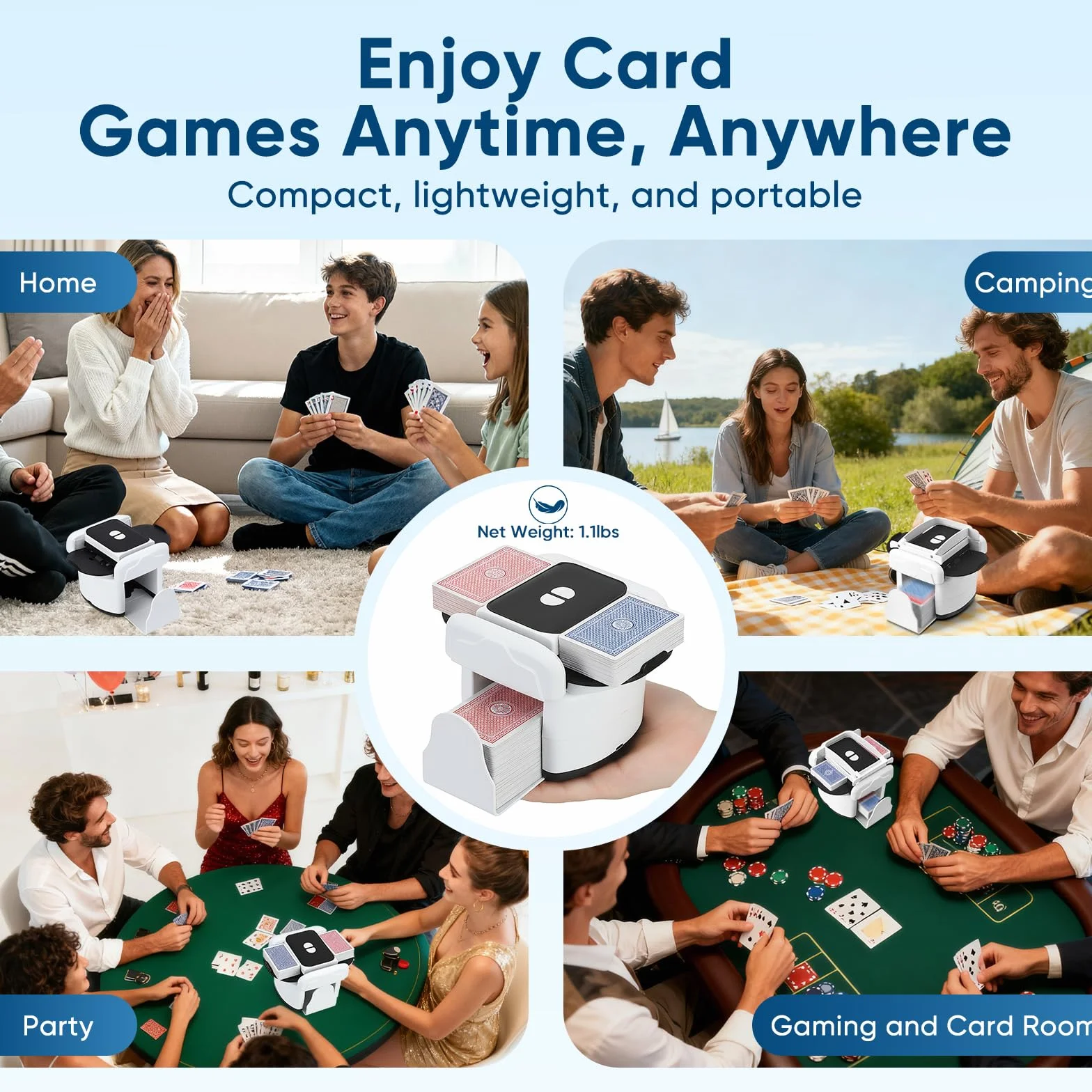 Mescolatore automatico di carte per 1–4 giochi di carte, ricaricabile, 2 modalità di miscelazione, compatibile con carte da poker, bridge, UNO e Phase 10 (Bianco)