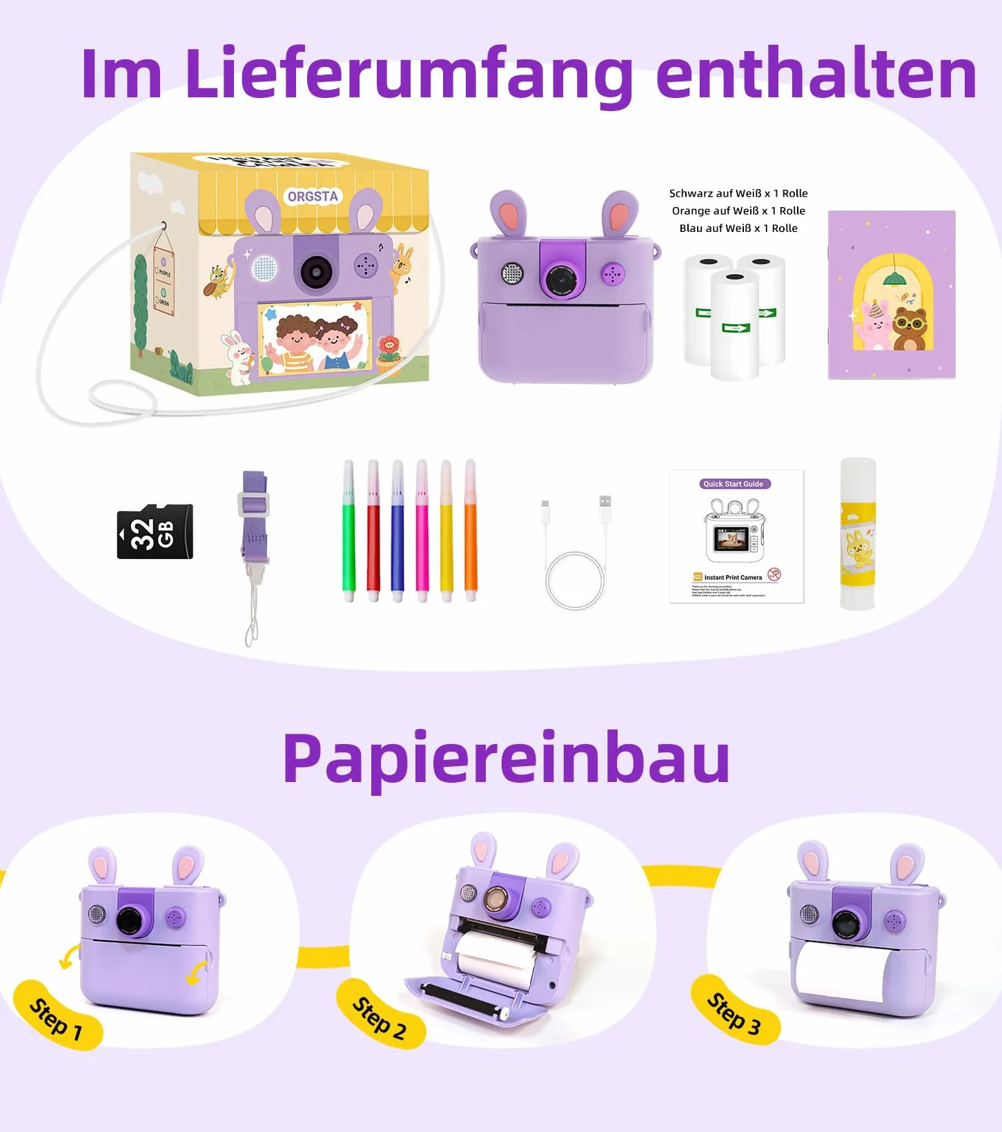 ORGSTA Macchina Fotografica Bambini Istantanea Fotocamera Digitale Stampa Foto dal Cellulare Stampante Fotografica Regali per Bambina Bambino 3-12 Anni