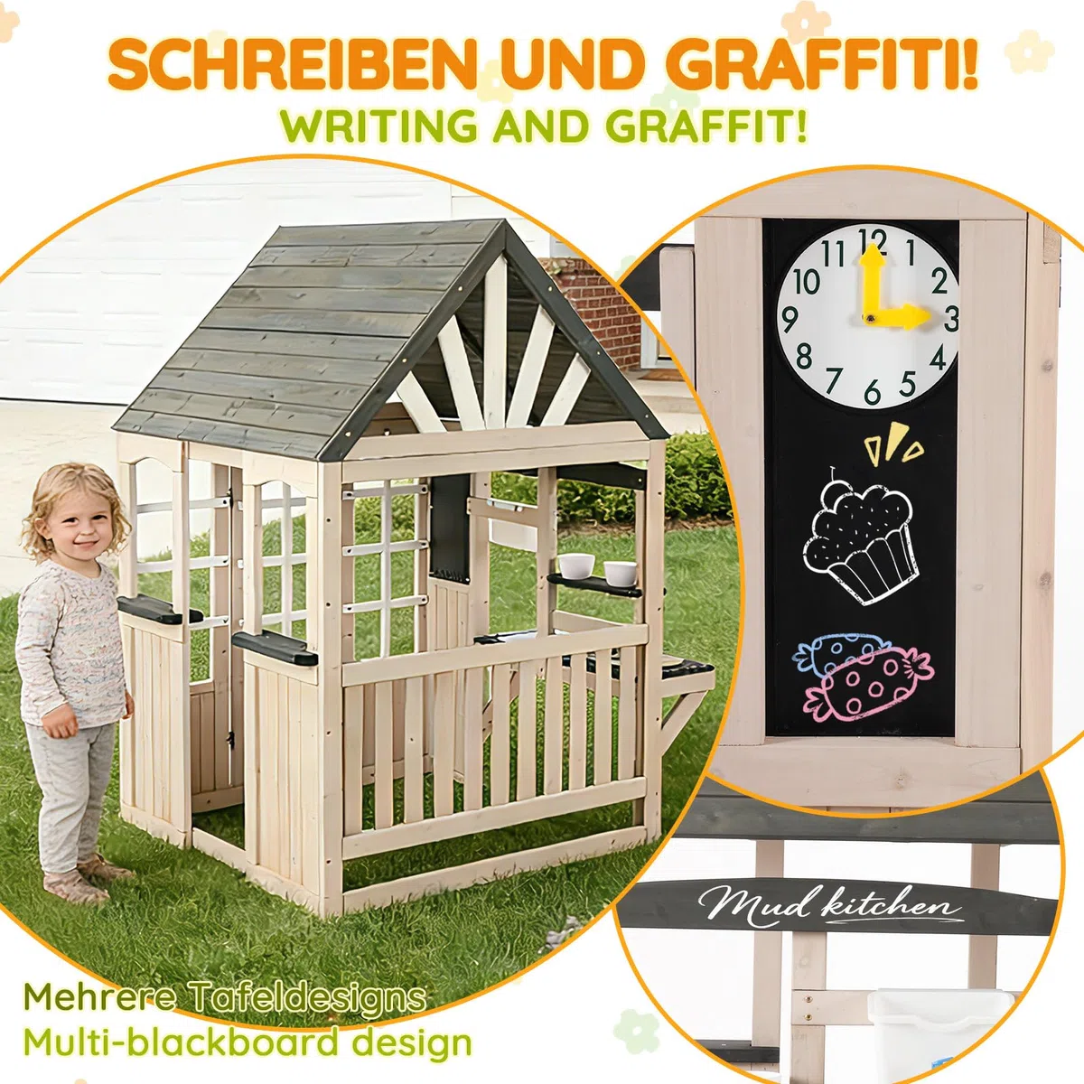 Casetta da Gioco in Legno per Bambini con Cucina Esterna, Lavandino, Lavagna, Accessori, Regalo 3+