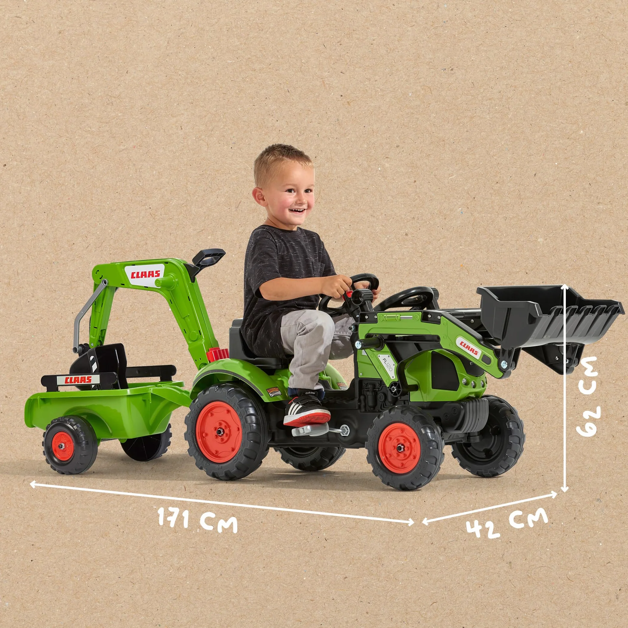 FALK Retroescavatore a pedali Claas con escavatore e rimorchio - Made in France - 2040N