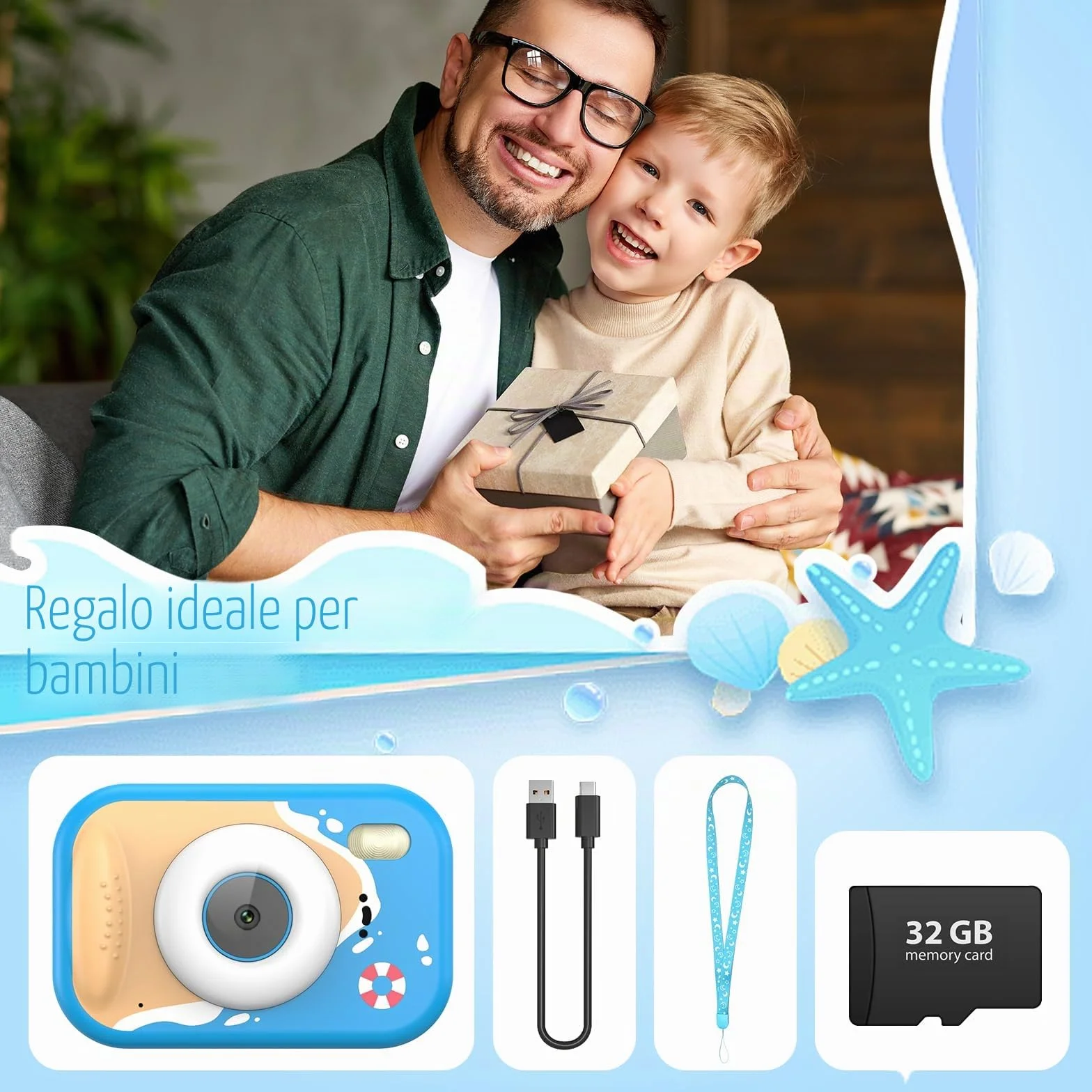 Macchina Fotografica Bambini, Fotocamera Impermeabile Bambini 48MP 1080P Macchina Fotografica Digitale Subacquea con 2,4 Pollici Schermo, 32GB Scheda, Flash LED, Regalo per Bambina e Bambino 3-12 Anni