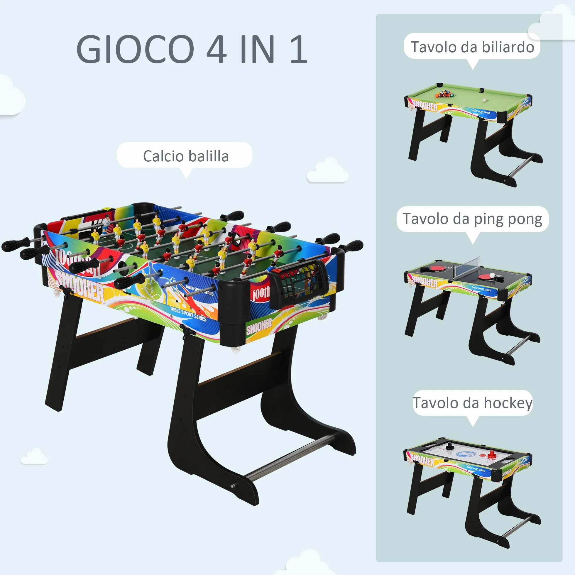 HOMCOM Tavolo da Gioco 4 in 1 per Calcio-Balilla, Biliardo, Air Hockey e Ping Pong con Accessori Inclusi, Tavolo Multigioco Pieghevole in MDF e Plastica, Multicolore