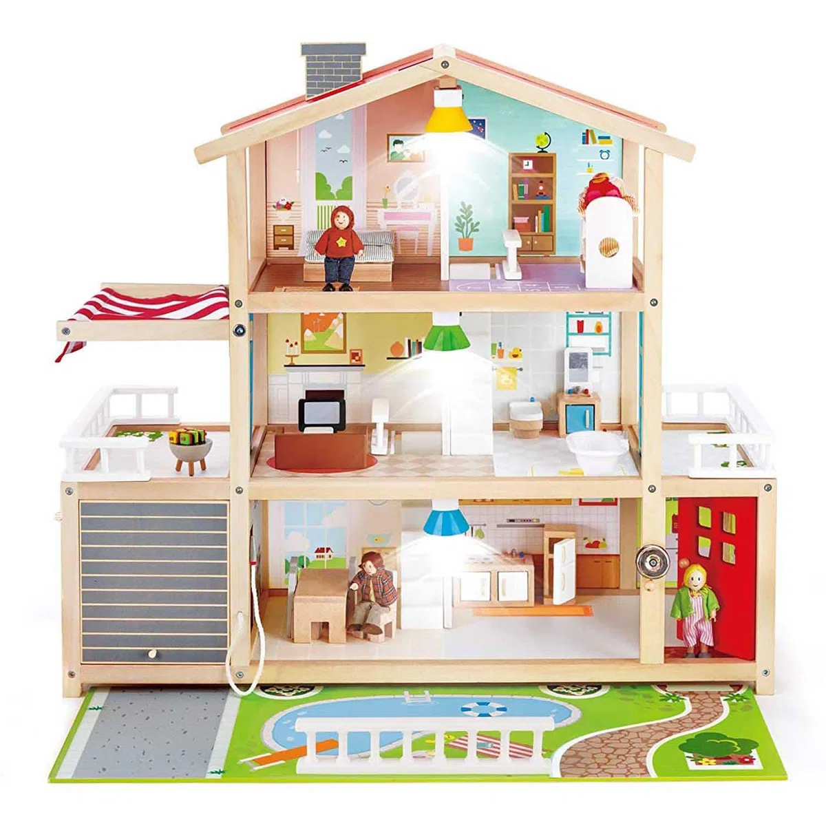 Hape Villa delle bambole | Casa arredata per gioco di ruolo | Casa giocattolo a tre piani in legno | Per bambini dai 3 anni