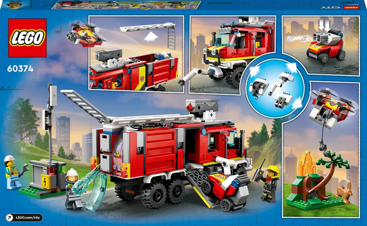 LEGO 60374 City Fire Autopompa dei Vigili del Fuoco, Unità di Comando dei Pompieri con Camion Giocattolo e Droni Terrestri e Aerei, Veicoli per Bambini, Ragazzi e Ragazze