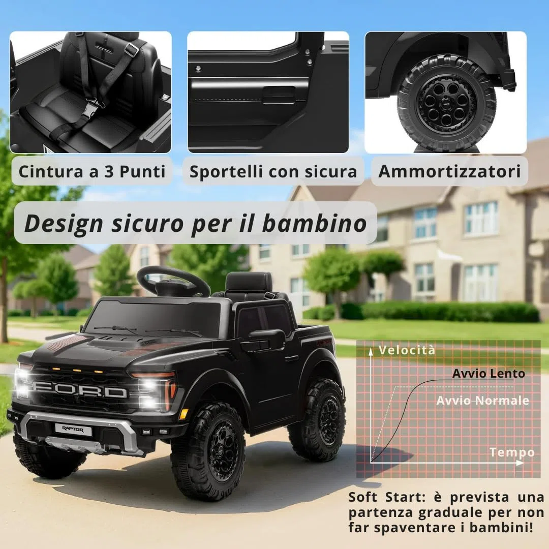 Ford F150 Raptor 12V Auto Elettrica per Bambini con Telecomando, Luci LED, Bluetooth, Cintura di Sicurezza, Carico 30 kg (Nero)