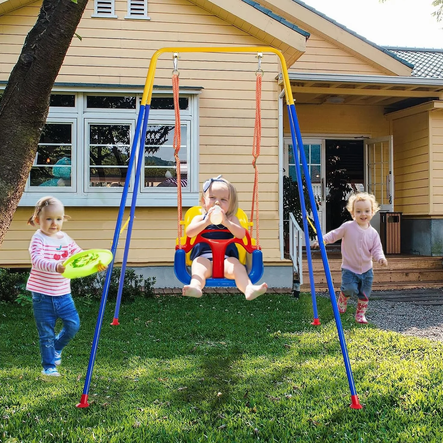 Altalena 3 in 1 per Bambini, Altalena per Esterni e Interni, Resistente con Seggiolino per Bambini, Blu, Metallo e Plastica, Contemporaneo, SWING