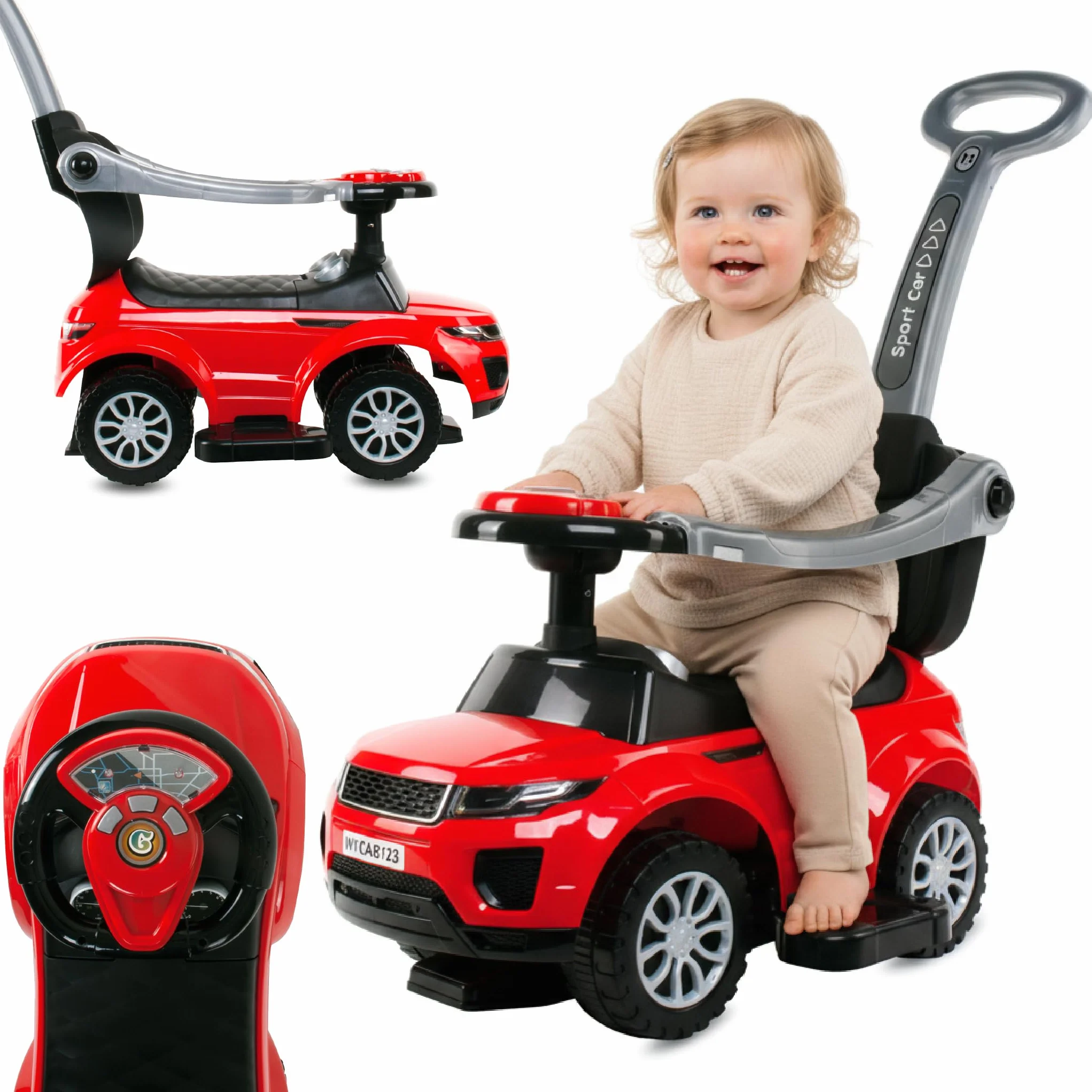 Auto a spinta per bambini 4in1, scivolo a partire da 1 anni, con clacson e musica, spazio per riporre i bagagli sotto il sedile (Rosso)