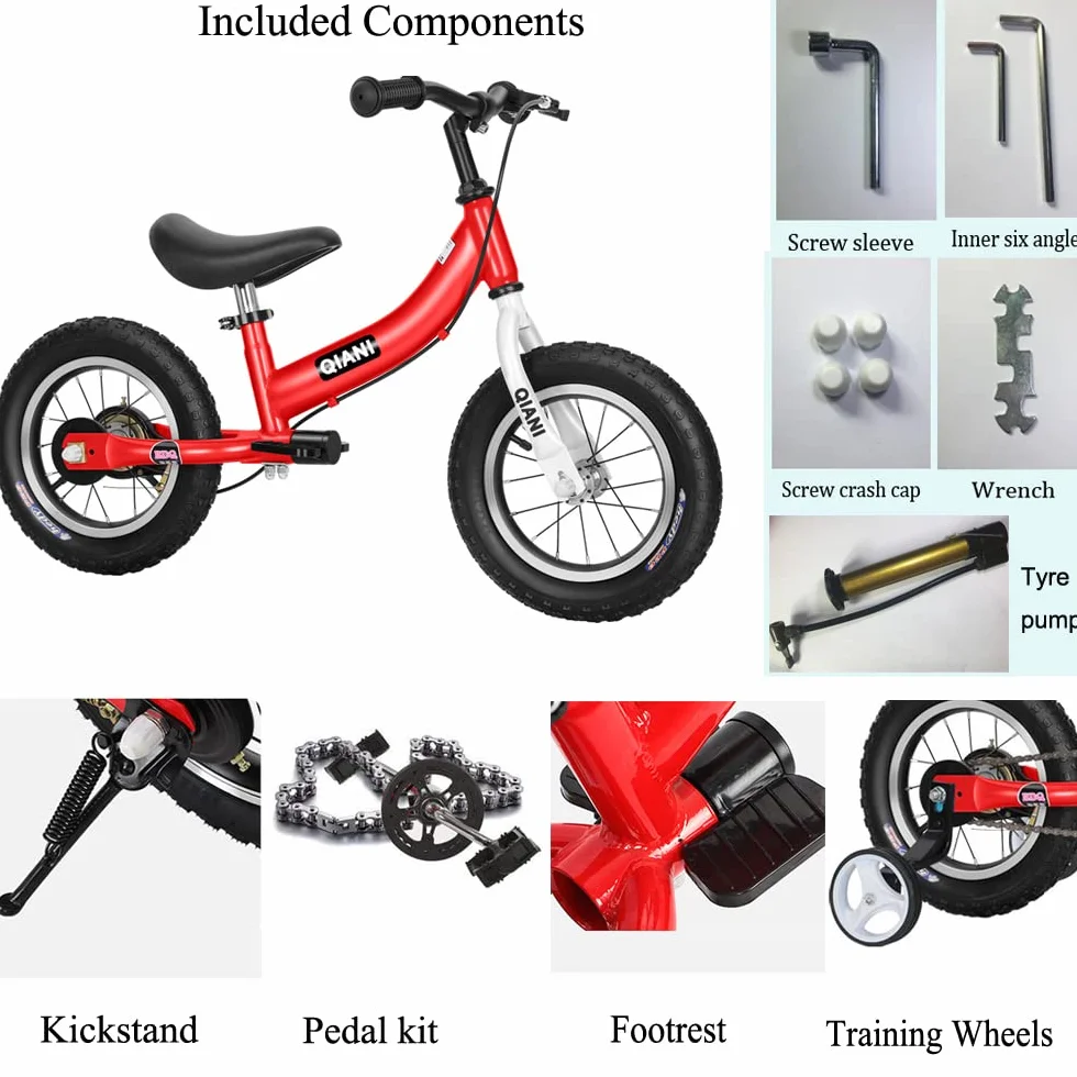 Qiani Bici Senza Pedali e biciclette bambini 2 in 1,per 2 a 7 Anni Bambini,con Freno,rimovibile pedali e Ruote Ausiliarie,12 14 16 pollici,Rosso Blu Rosa