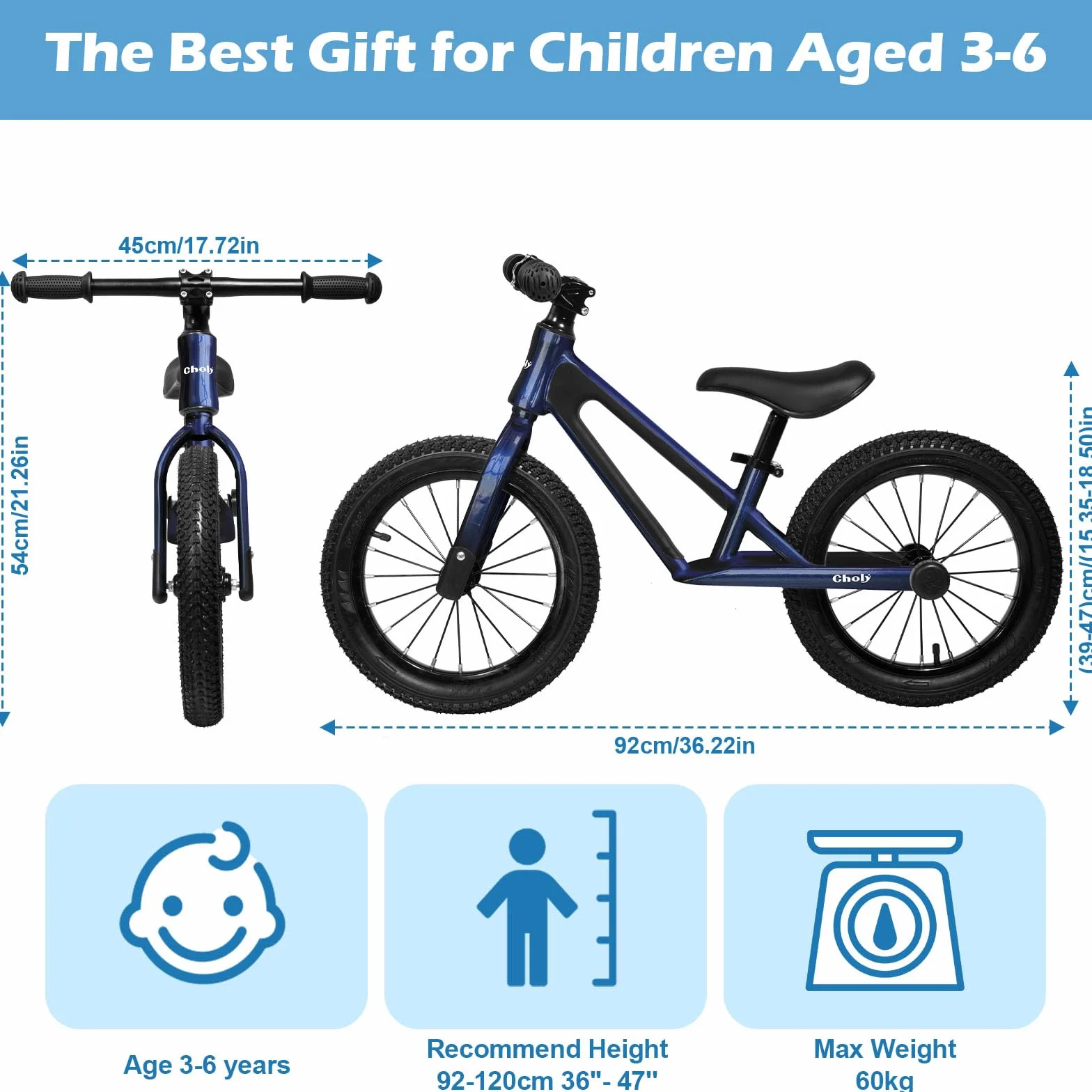CHOLY Bicicletta da 14 pollici per bambini dai 3 ai 6 anni, senza pedali per bambini con sedile regolabile, pneumatici e telaio in lega di magnesio, bicicletta da allenamento leggera per bambini
