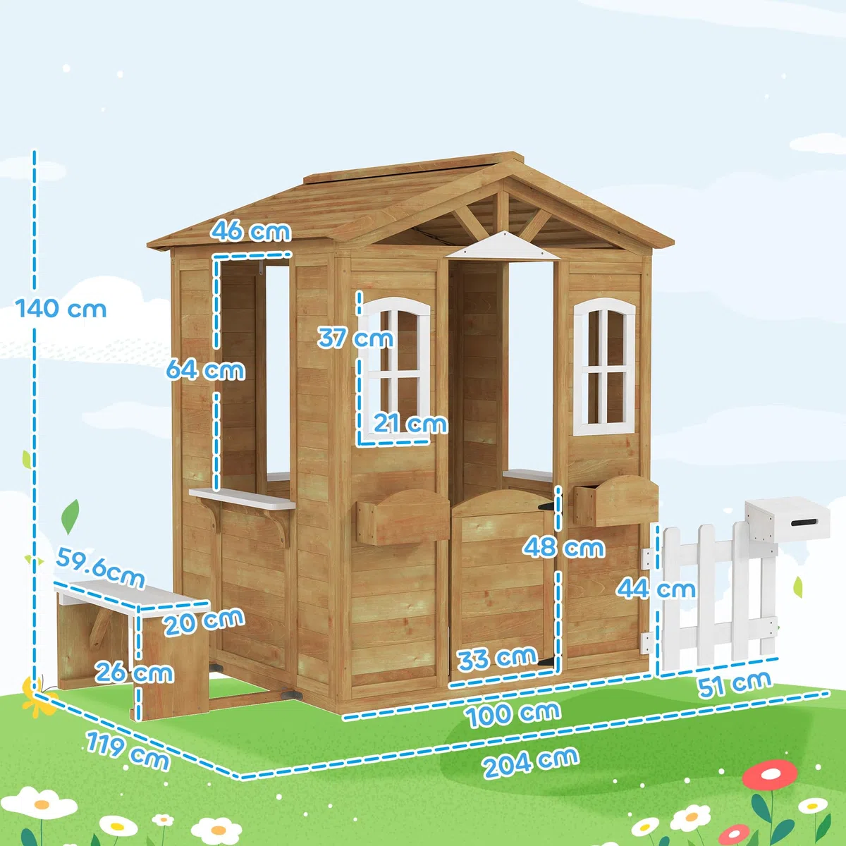 Outsunny Casetta Bambini Legno Giardino con Finestre Staccionata Portavasi Panca 205x119x140 cm