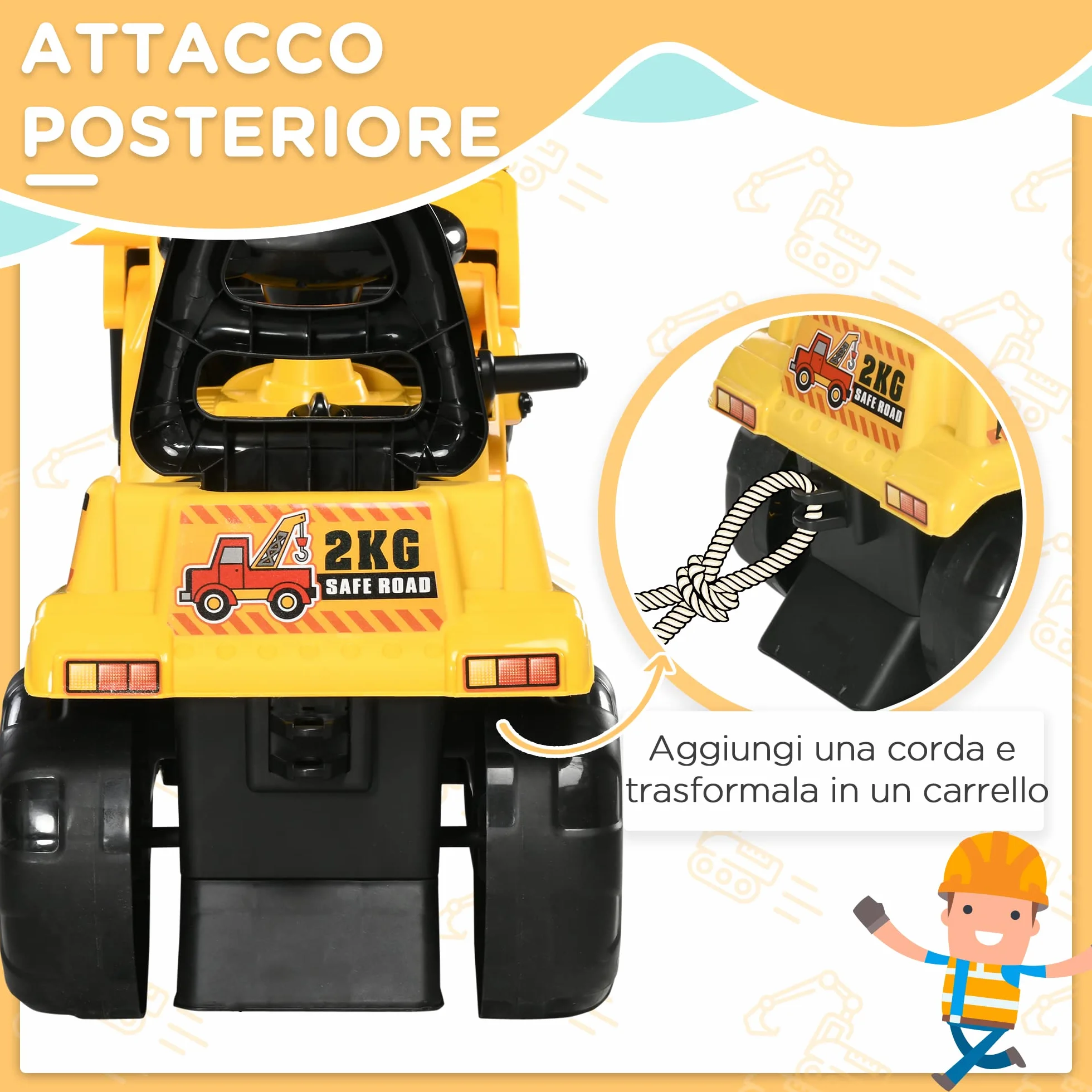 HOMCOM Escavatore per Bambini 2-4 Anni Manuale con Pinza, Pulsante per Suoni e Spazio Portaoggetti Nascosto, in PP e ABS, 83x27x39 cm, Giallo e Nero