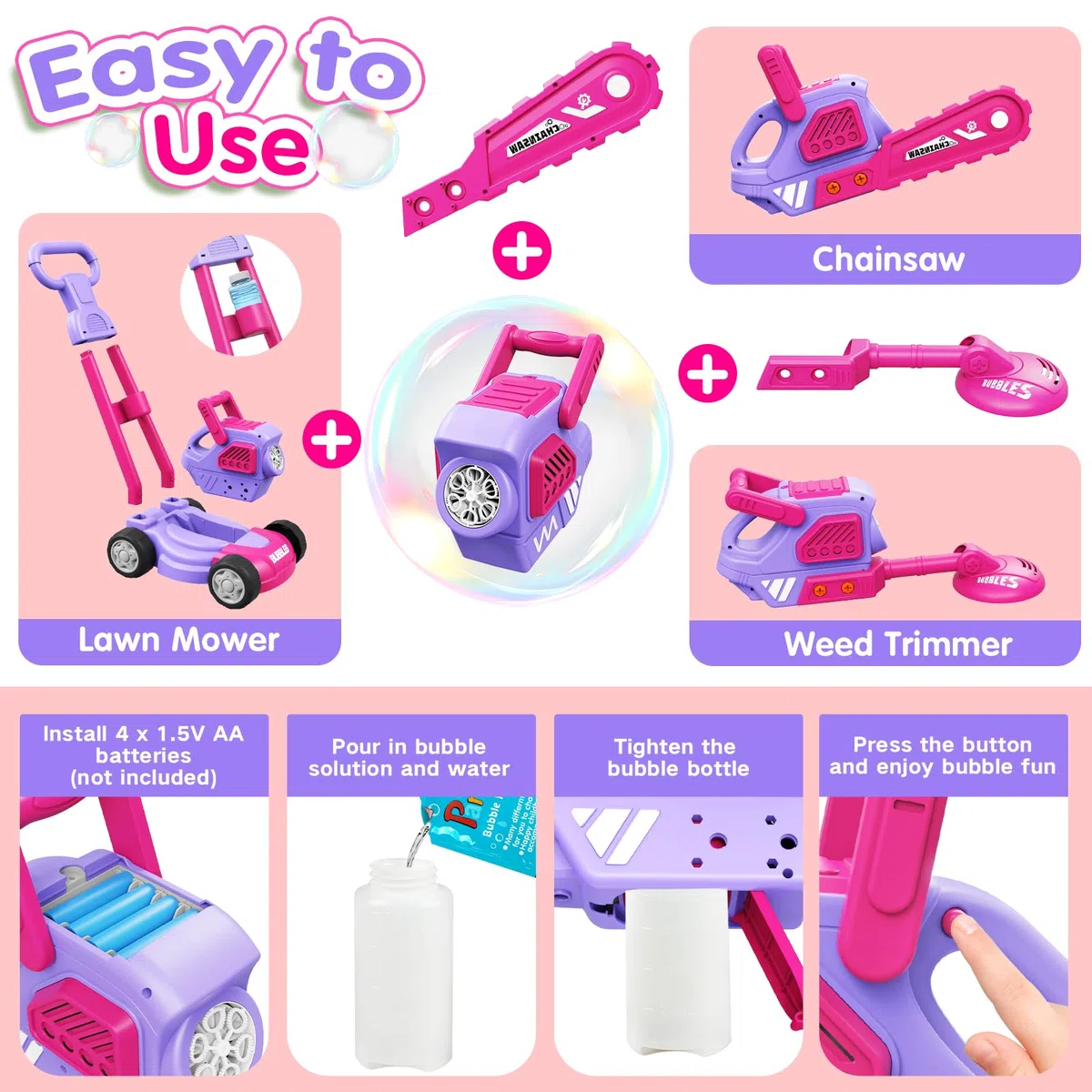 Tosaerba Spara Bolle per Bambini, Macchina per Bolle 3-in-1 con 10 Soluzioni, Giochi all'Aperto per Bambini 3-8 Anni, Regalo di Compleanno Pasqua Estate per Ragazzi e Ragazze 3 4 5 6 7 8 Anni