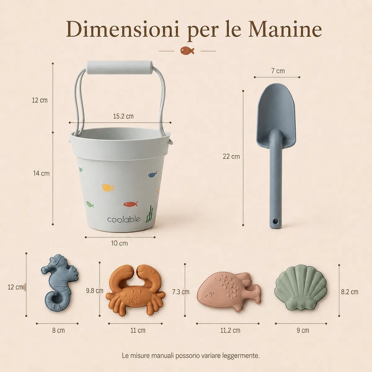 Set di 6 Giocattoli da Spiaggia in Silicone per Bambini - Secchiello Pieghevole, Paletta, 4 Formine e Borsa a Rete - Creature Marine