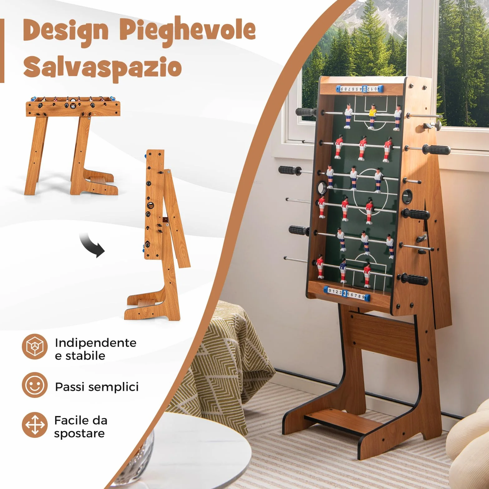 RELAX4LIFE Calcio Balilla Pieghevole in Legno per Bambini e Adulti, 6 Aste, 18 Giocatori, 2 Palline e Segnapunti, Biliardino da Casa Salvaspazio con Maniglie Antiscivolo, 69 x 60 x 71 cm, XC924846IT