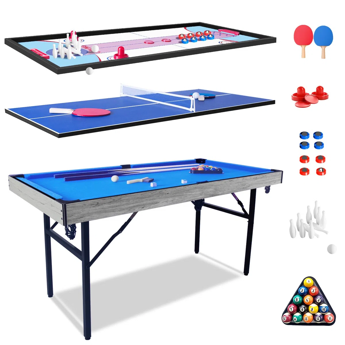 HLC Tavolo da biliardo pieghevole 5 in 1, tavolo da ping-pong, shuffleboard, curling, bowling, gioco da tavolo ad hockey ad aria, si può montare e smontare rapidamente.