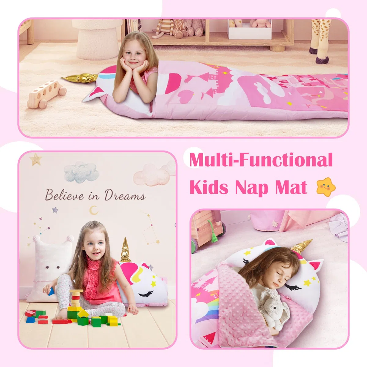 Decalsweet Nap Mat Caldo per Bambini con Rimovibile Cuscino, Sacco a Pelo Pieghevole per Ragazze Ragazzi, Nap Mats con Doppia Cerniera per Campeggio, Scuola Materna e Asilo, 150×60cm
