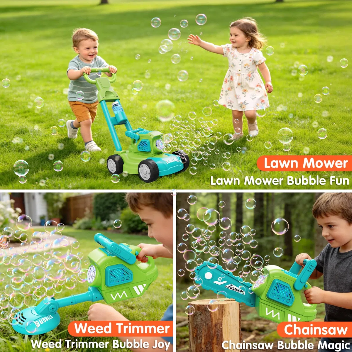 Tosaerba Spara Bolle per Bambini, Macchina per Bolle 3-in-1 con 10 Soluzioni, Giochi all'Aperto per Bambini 3-8 Anni, Regalo di Compleanno Pasqua Estate per Ragazzi e Ragazze 3 4 5 6 7 8 Anni