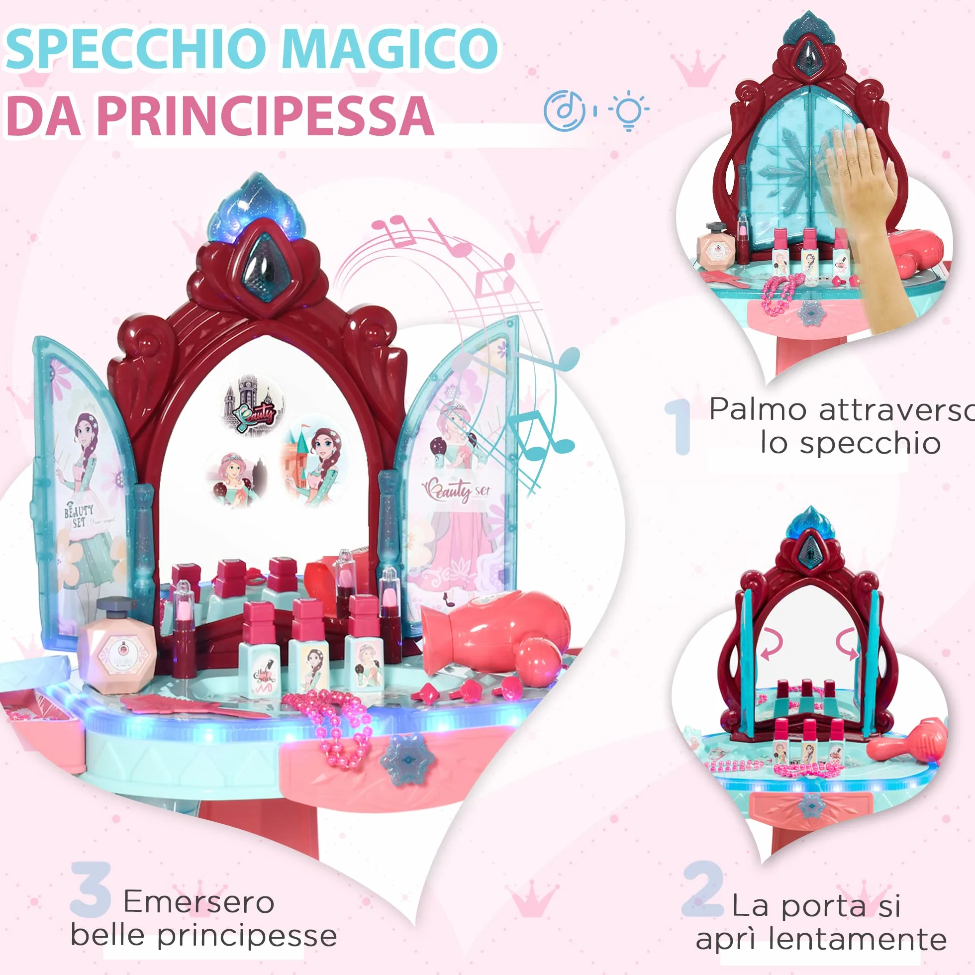 AIYAPLAY Set Tavolo Toeletta con Sgabello per Bambini da 3-6 Anni, Postazione Trucco Bambina con Luci e Musica, 31 Accessori di Bellezza Inclusi