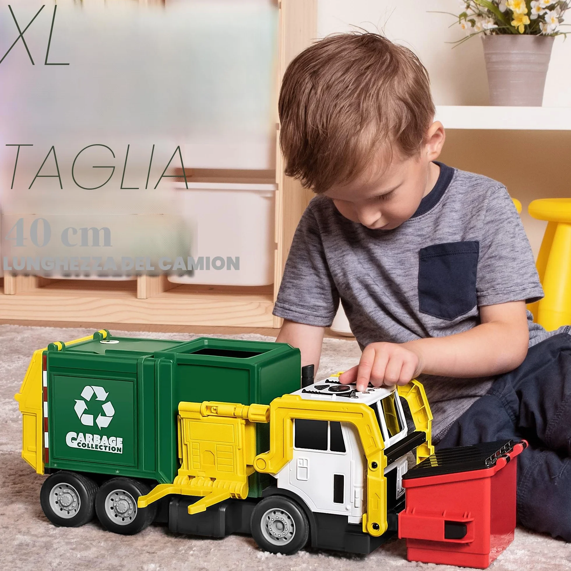 JOYIN Grande Camion Spazzatura da 40 cm, Giocattolo a Frizione con Luci e Suoni, con Pattumiera a Caricamento Frontale, 3 Bidoni Laterali con 30 Carte Pattumiera, Giocattoli per Bambini 3+(verde)