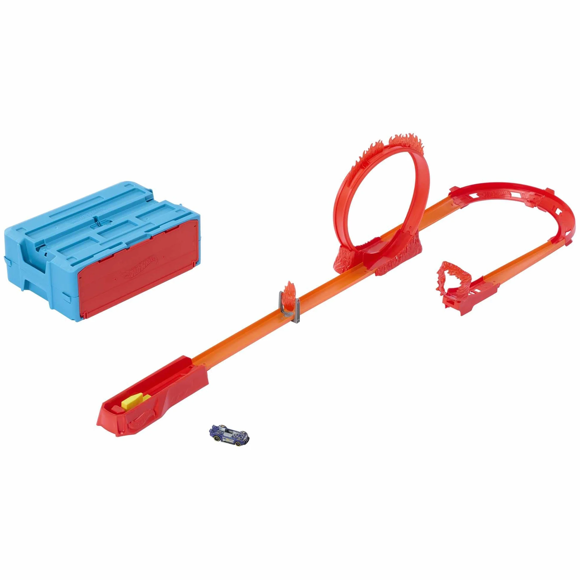 Hot Wheels - Hot Wheels pista tema fuoco e 1 macchinina, 16 pezzi di pista e componenti per acrobazie in confezione impilabile, giocattolo per bambini 4+ Anni, HMC04