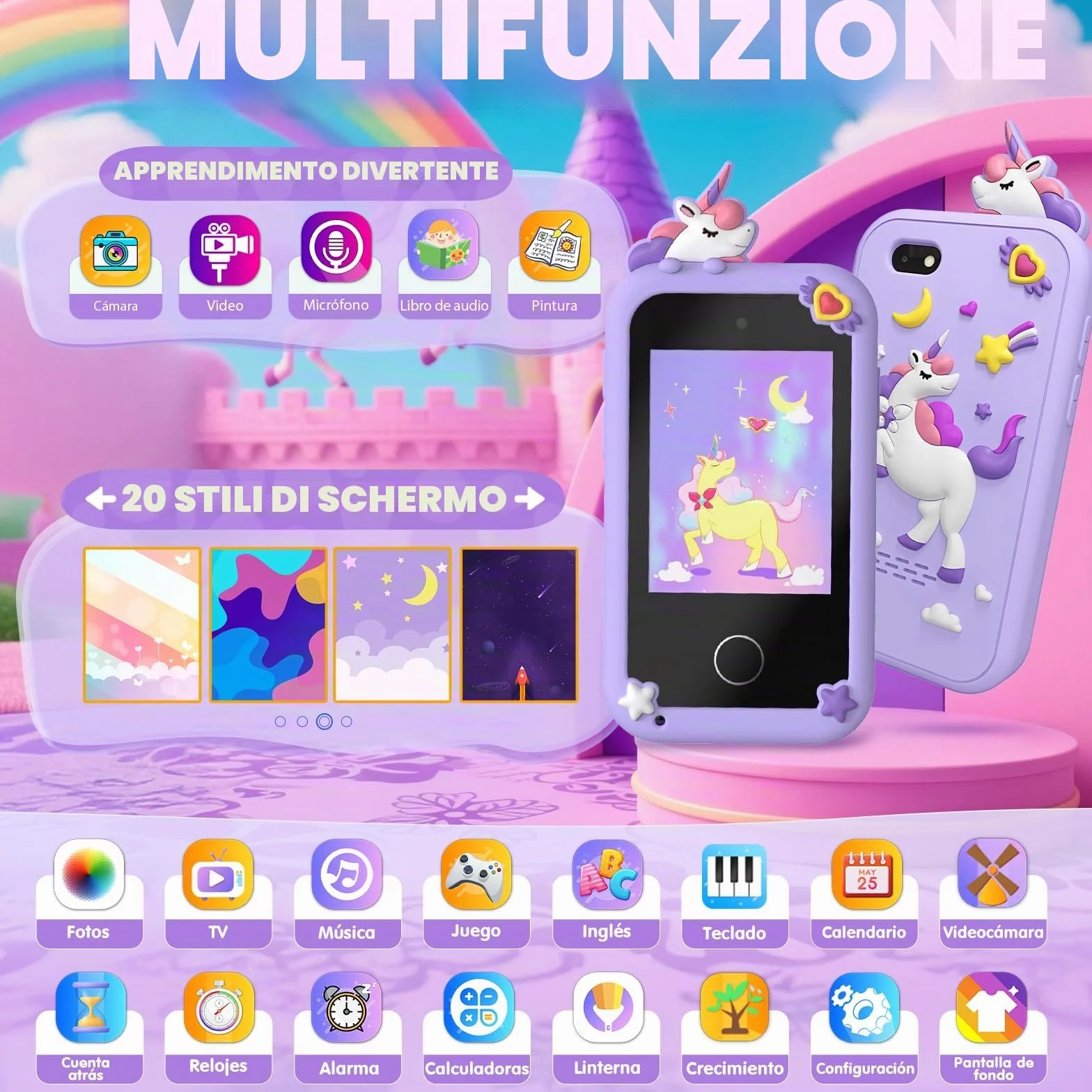 Fippesax Telefono Bambini, 2,8" Smartphone Bambini, Telefono Giocattolo per Bambine con 8GB Card, 20 Giochi Didattici, Doppia Fotocamera, Musicale, Sveglia - Regalo Natale/Compleanno Viola