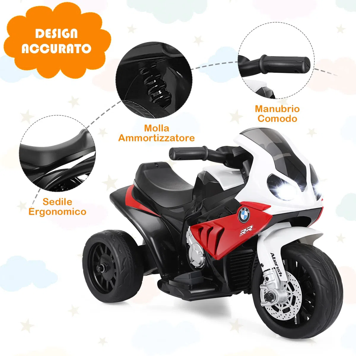 RELAX4LIFE BMW-S 1000 RR 6V Moto Elettrica Bambini 3 Ruote Musica Luci Clacson Triciclo Elettrico 18-36 Mesi 20 kg Rossa
