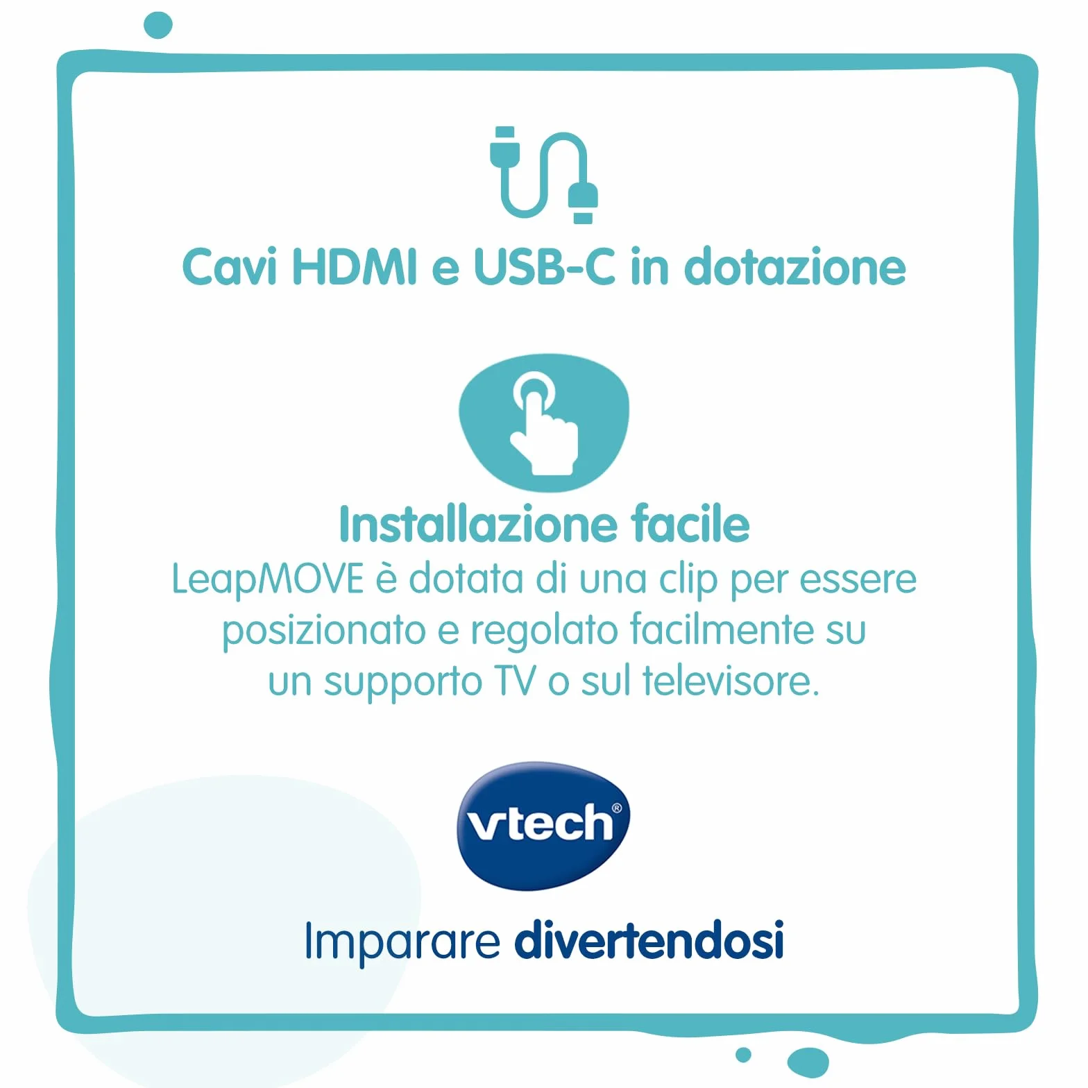 VTech LeapMove, Console TV Interattiva per Bambini, Rileva i Movimenti Senza Controller, Pronta all'Uso, 25 Giochi Educativi, 3 Profili Giocatore, Lingua Italiana, Cavi Inclusi, 4-11 Anni
