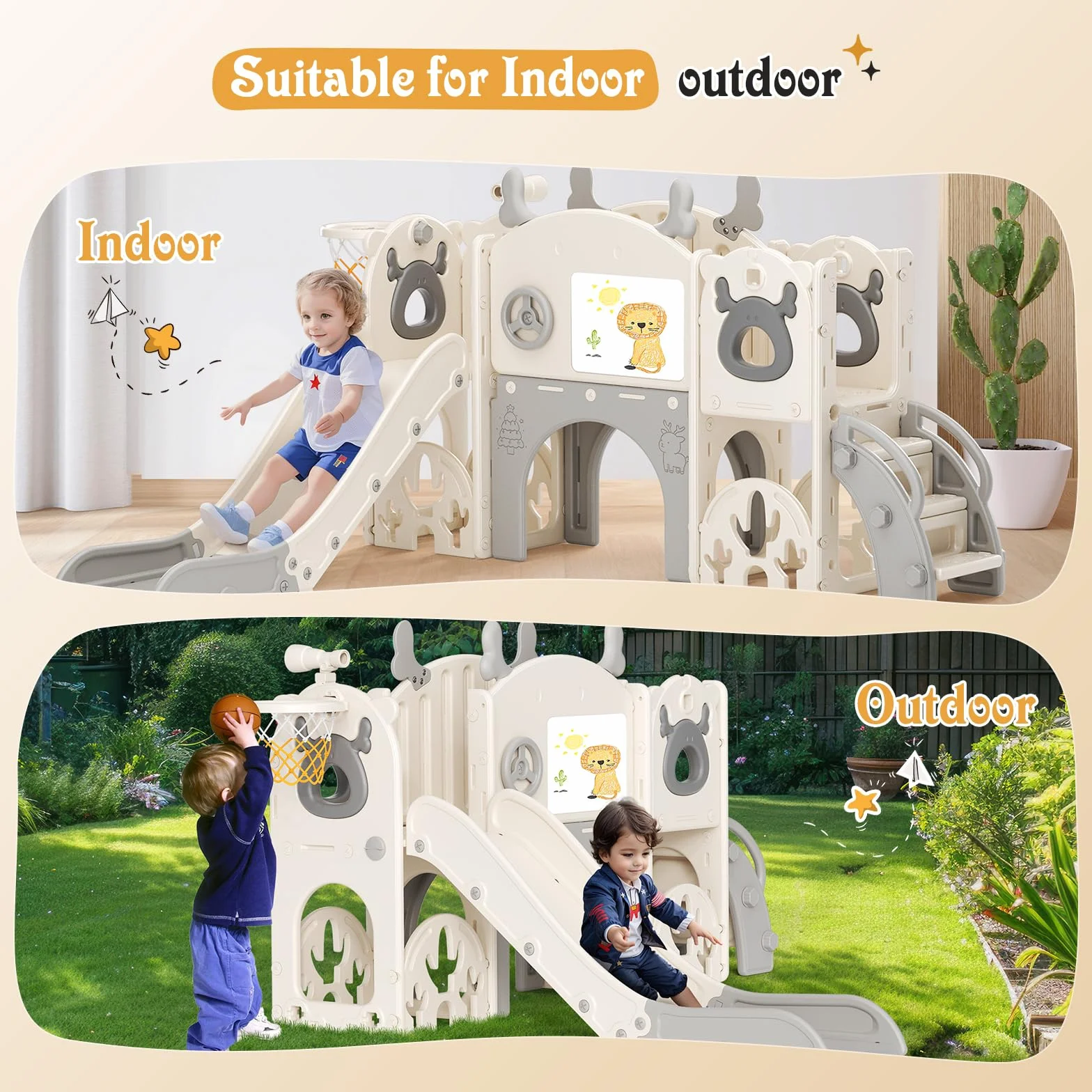 Scivolo per bambini con cerchio da pallacanestro, scivolo a tema Alce, parco giochi al coperto e all'aperto, kit da gioco per arrampicata indipendente con scivolo per bambini (beige grigio-7 in 1)