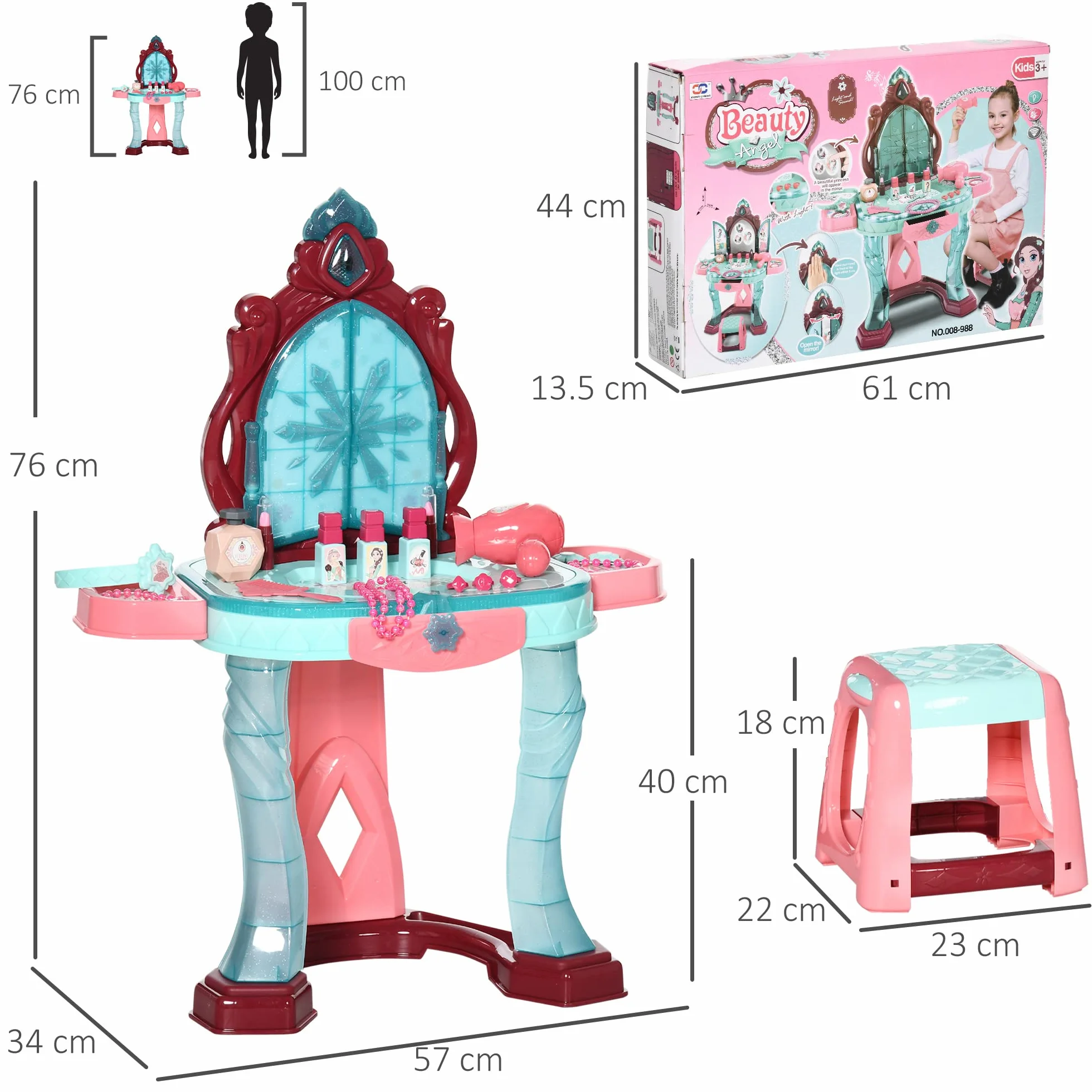 AIYAPLAY Set Tavolo Toeletta con Sgabello per Bambini da 3-6 Anni, Postazione Trucco Bambina con Luci e Musica, 31 Accessori di Bellezza Inclusi