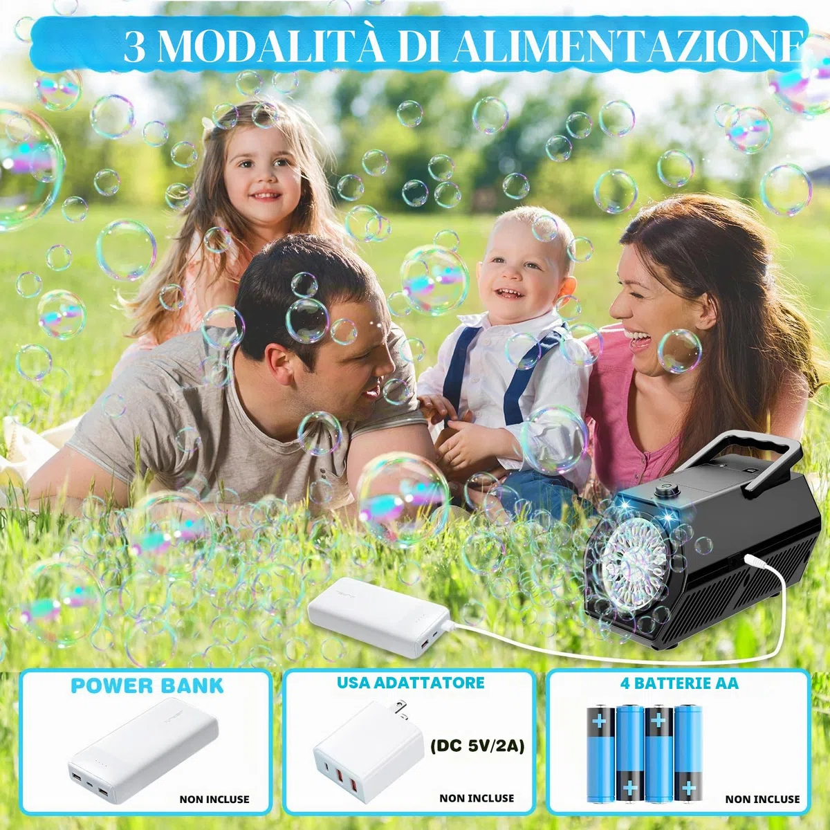Macchina Bolle di Sapone, Spara Bolle di Sapone Automatico, 18000+ Bolle al Minuto, 2 Velocità, Giochi da Esterno per Bambini, Gadget Compleanno Bambin Matrimonio (Nero)