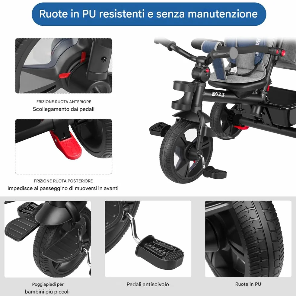 BAKAJI Triciclo Passeggino 4 in 1 per Bambini, Pedali o Manico Antiscivolo Ergonomico per Spinta, Sediolino Imbottito, Cinture di Sicurezza, Asta Direzionabile, Tettuccio Cappottino Parasole (Blu)