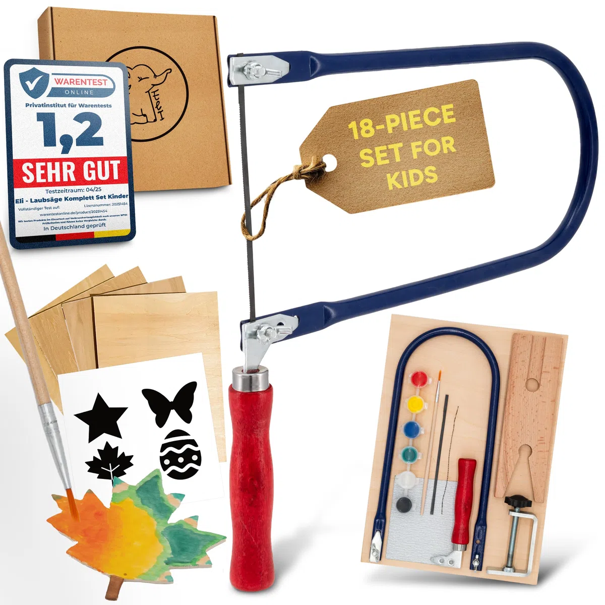 Eli® Sega da figura per bambini - Set completo per seghe figurative inclusi modelli creativi - Lastre figurative - Colori - Pennello - Carta abrasiva - Legno - Idea regalo per ragazzi e ragazze