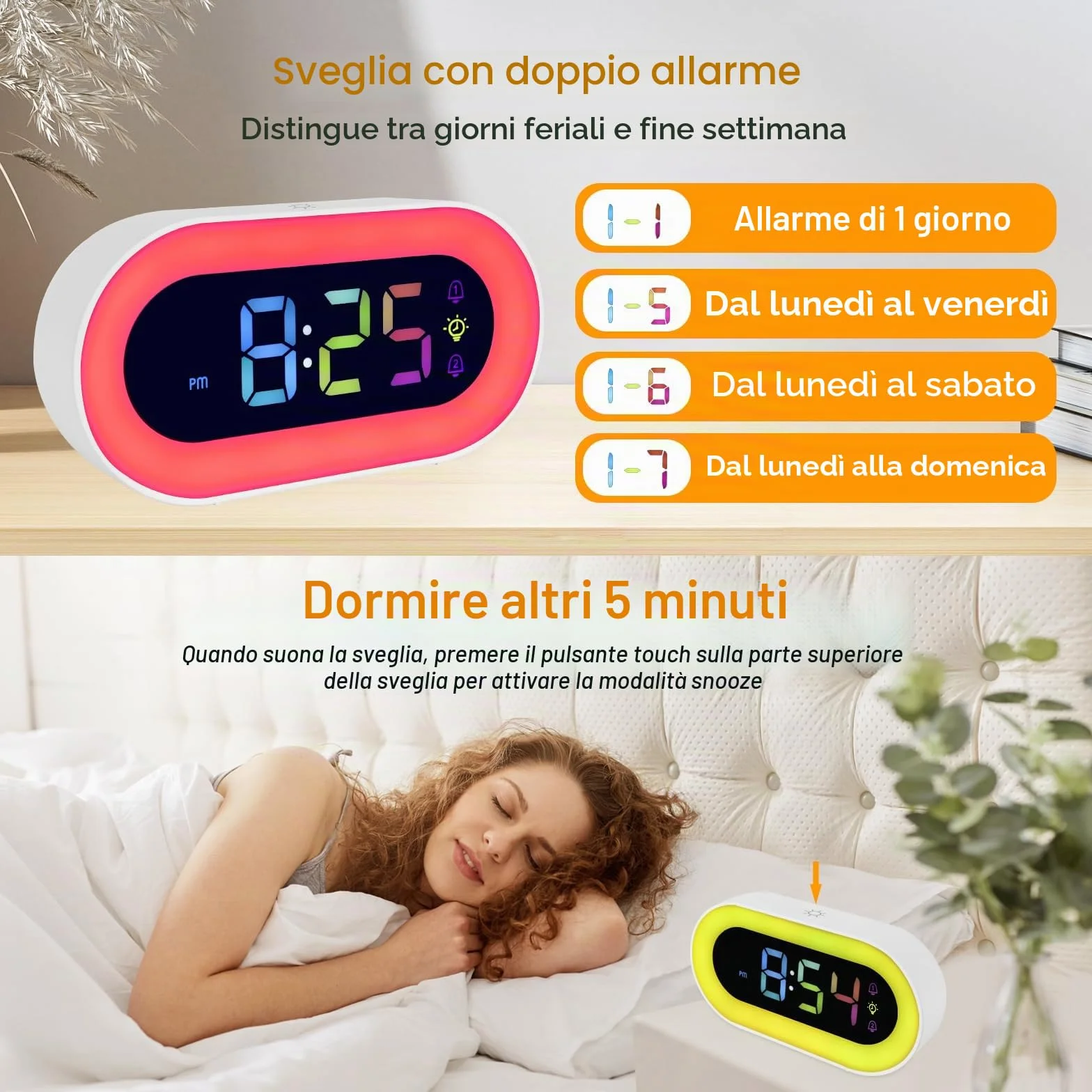Seutgjie Sveglia Bambina, Sveglia Digitale da Comodino con Batteria USB Ricaricabile 2500mAh 9 RGB Luce Notturna Doppi Allarmi 18 Suonerie Modalità Snooze 12/24 ore Regalo Natale