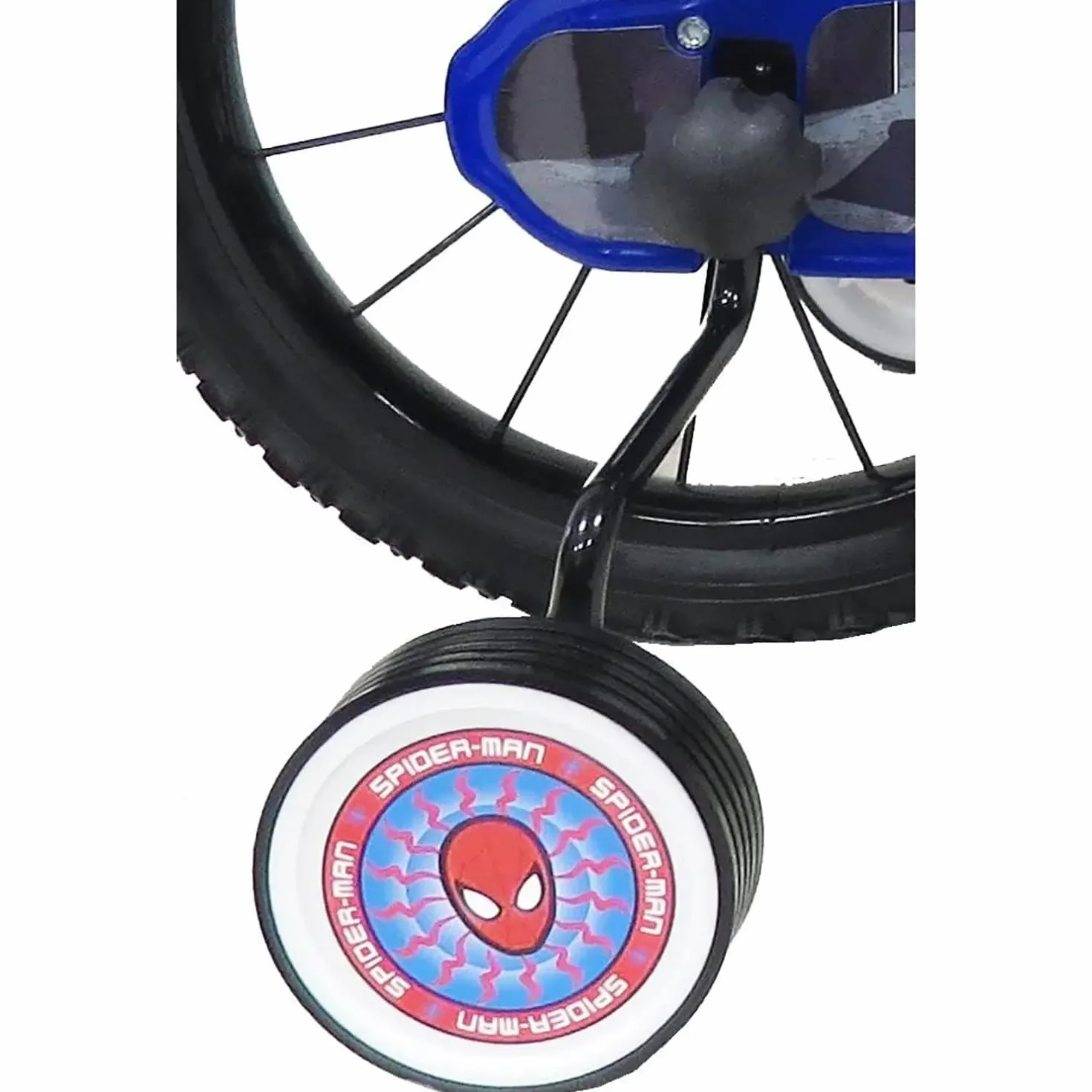 bicicletta da bambino con scudo anteriore, borraccia e stabilizzatori laterali di Spiderman misura 14 pollici