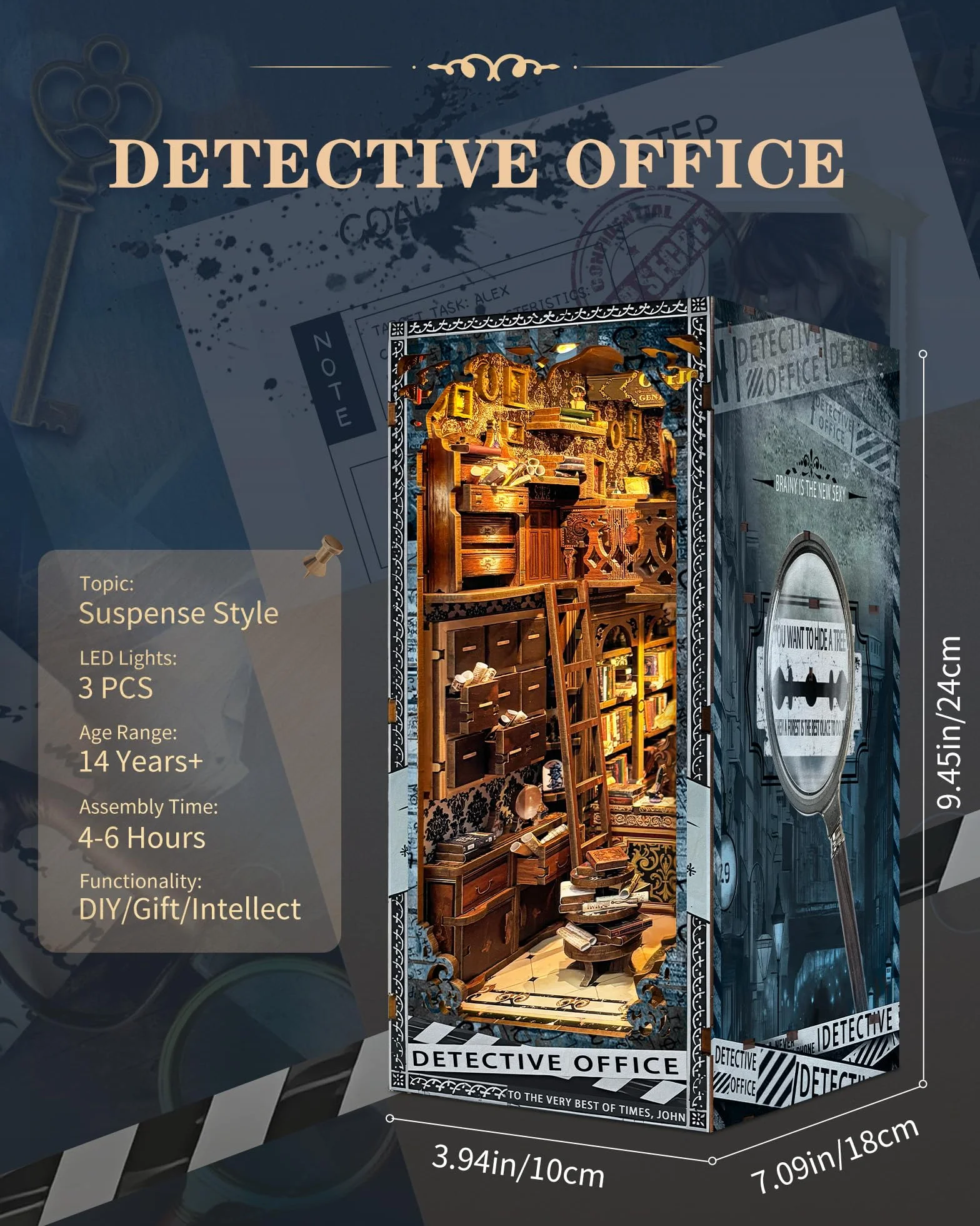 Quanquer Book Nook Kit_ con luce a LED, copertura antipolvere in miniatura, casa delle bambole in miniatura, libreria in legno 3D, puzzle in legno, detective office booknook(detective Office)