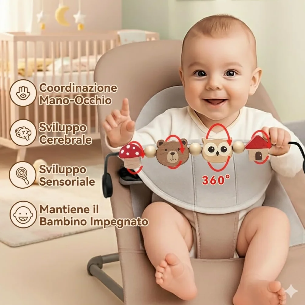 Giocattolo per buttafuori, Compatibile con BabyBjorn Bouncer Balance Soft & Bliss, Barra Giocattolo Girevole in Legno per Bambini, Giocattolo per Lo Sviluppo sensoriale (Animali)
