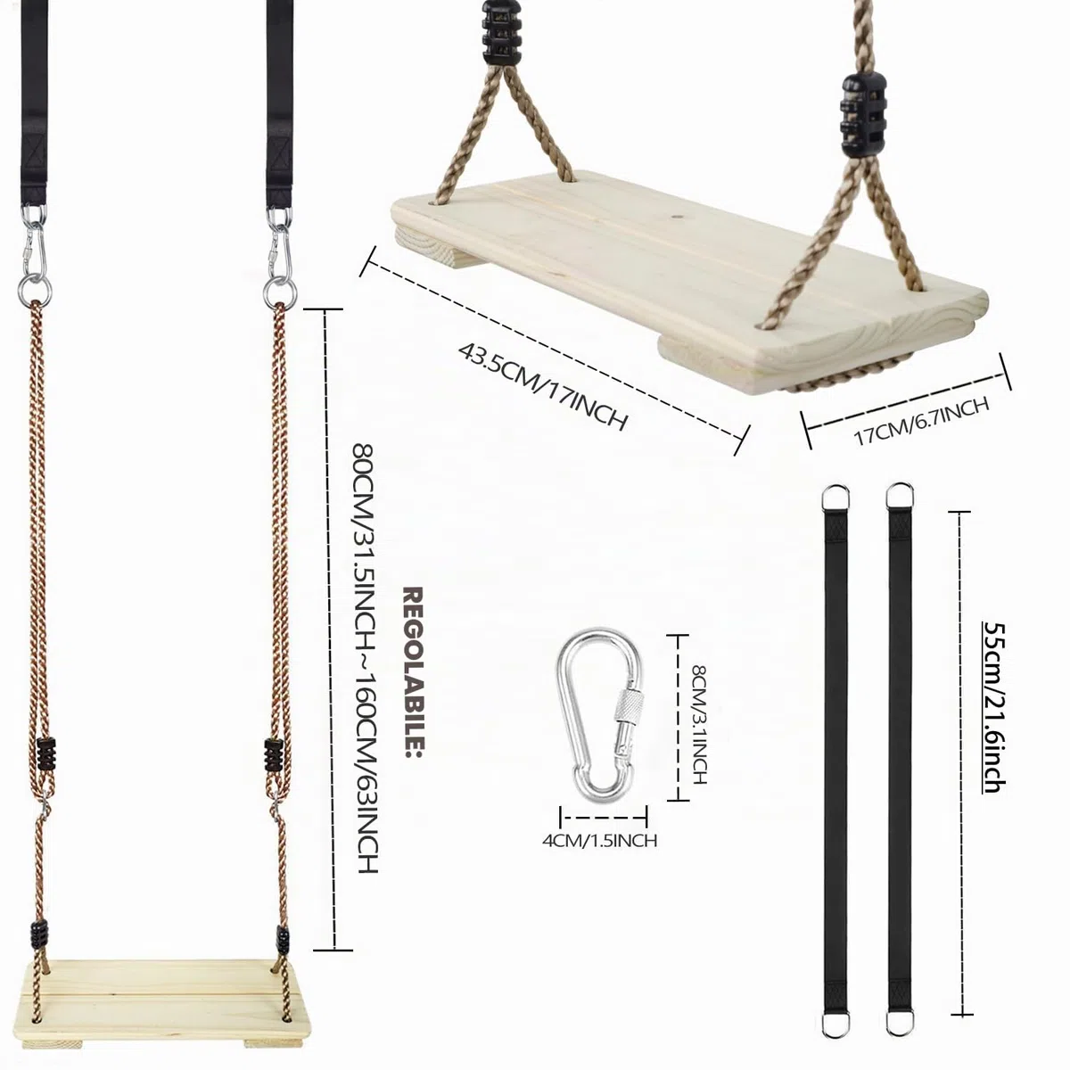 KINSPORY Altalena Legno, Altalena da Giardino per Bambini, Seggiolino Altalena Bambini Legno, Sedili per Altalena per Bambini da Giardino con Corda in Canapa Regolabile