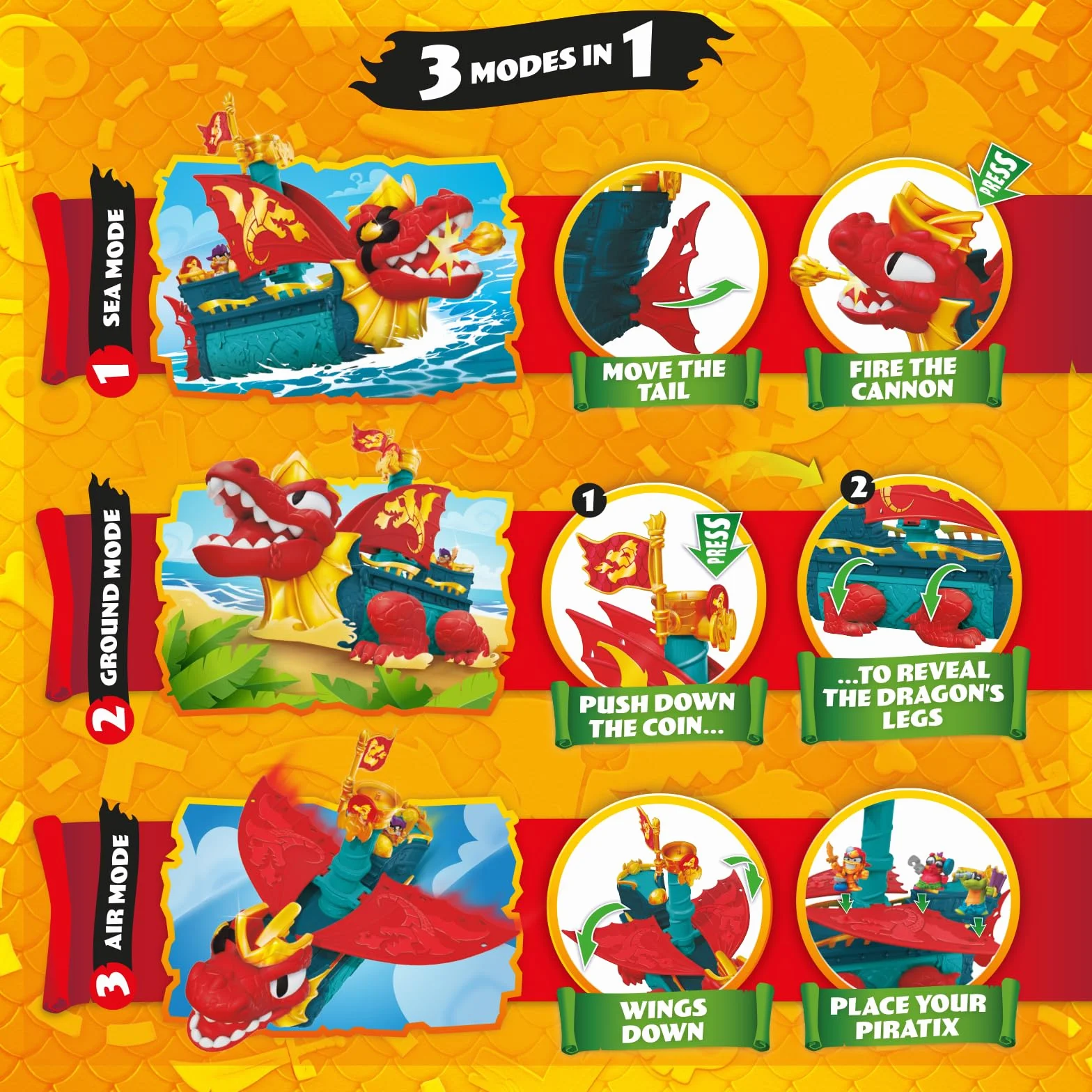 PIRATIX Dragon Ship – Piratix Dragon Nave All Terreno 3 in 1: Terra, Mare e Aria. Contiene 1 Nave Dragone, 1 Piratix Esclusivo, 1 Tesoro Esclusivo, 1 Bandiera e 1 proiettile