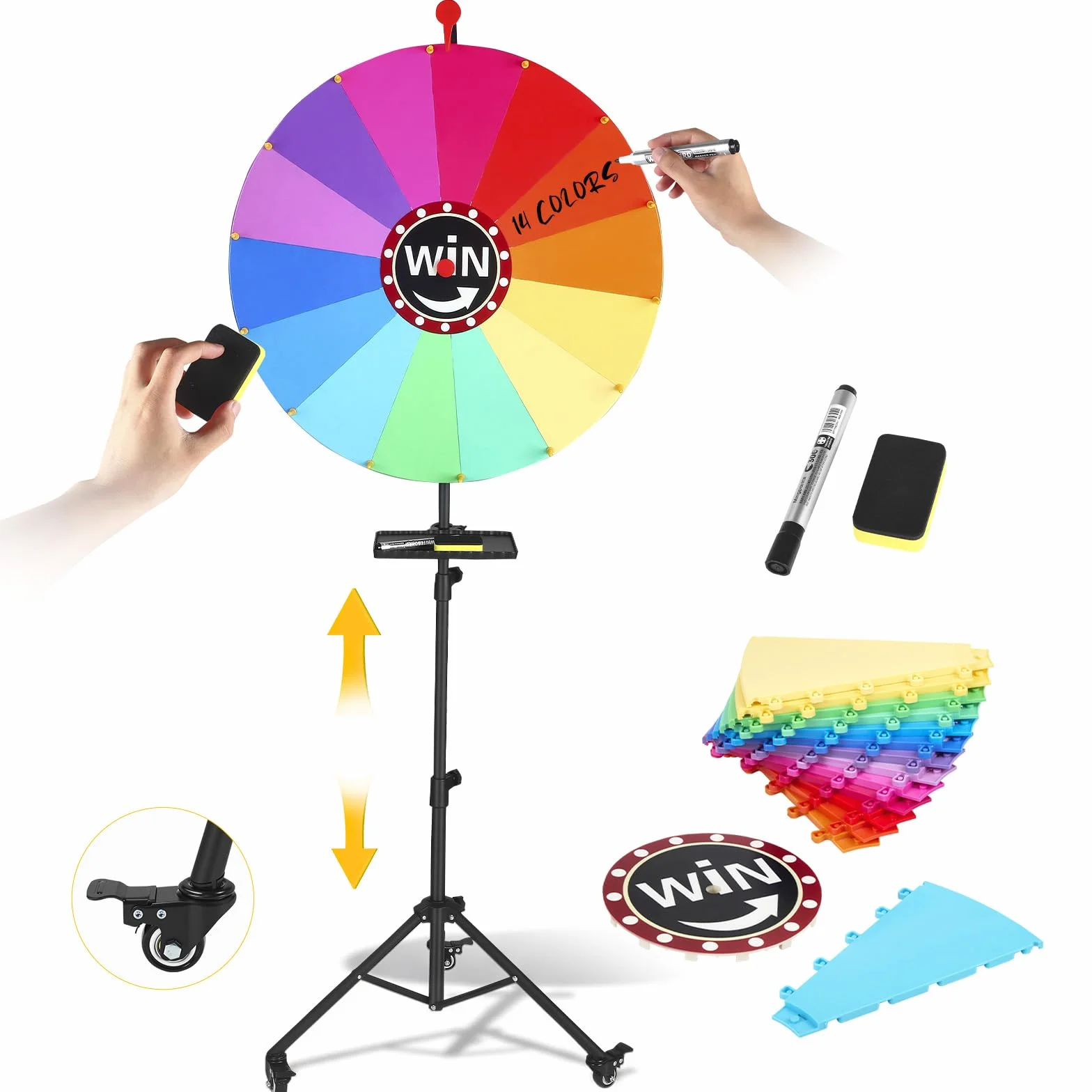 Ruota portafortuna da 60 cm per girare grande, ruota della fortuna per delbsten, con ruote girevoli a 360°, 14 punti di prezzo personalizzabili, cavalletto regolabile 90-165 cm, colore ruota