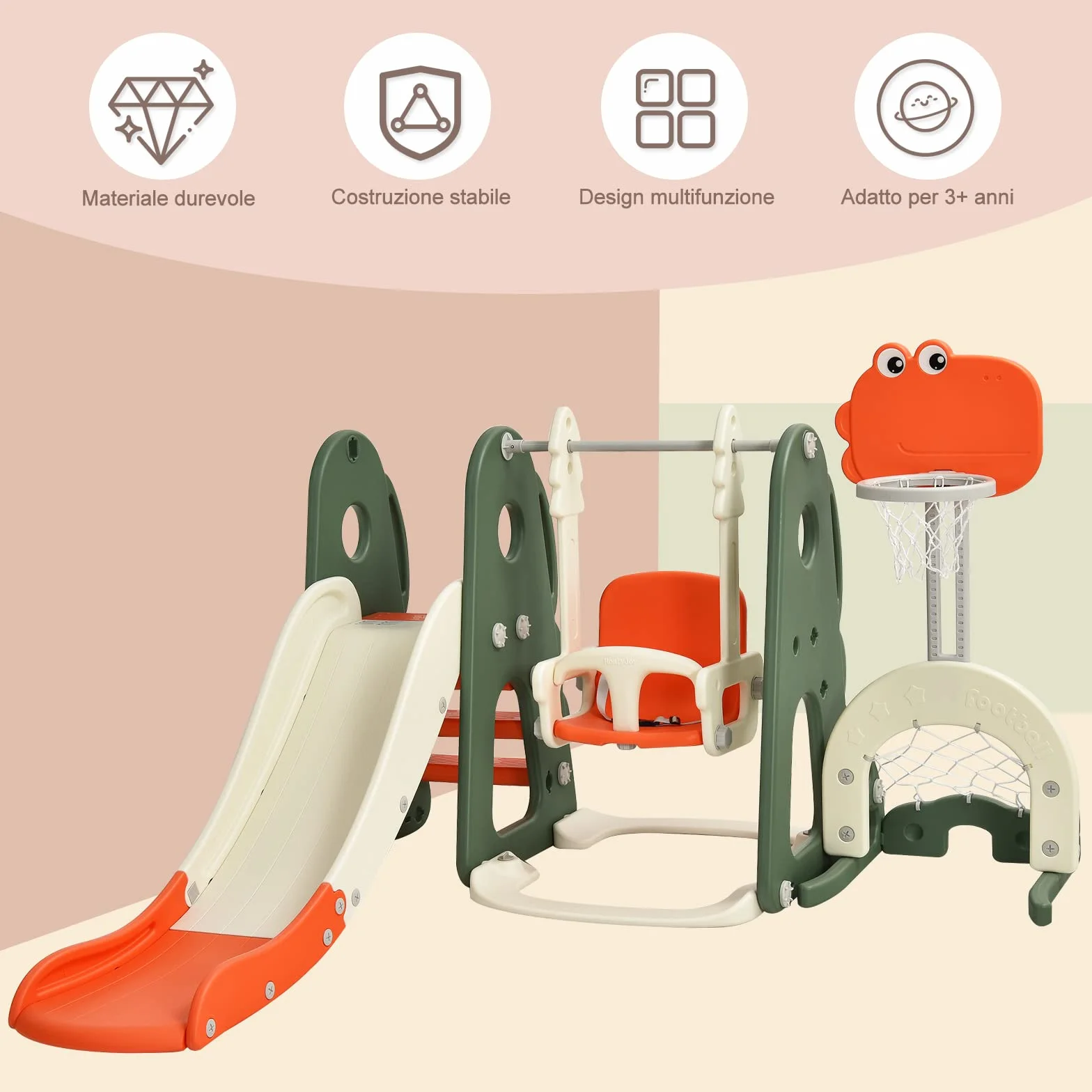 COSTWAY 6 in 1 Parco Giochi per Bambini, con Altalena Scivolo Canestro da Basket Golf, Parco Giochi per Bambini da Esterno ed Interno, 172x182x108-120cm, 18 Mesi+ (Arancione)