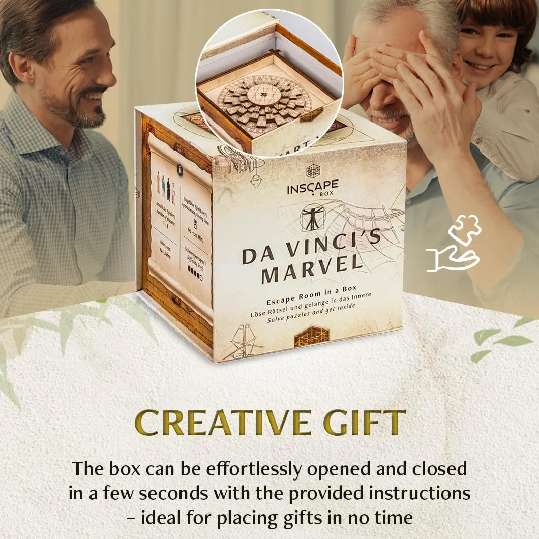 INSCAPE Da Vinci's Marvel – Scatola puzzle in legno – Puzzle Box – Escape Room gioco per adulti e bambini – Giochi di aglio per adulti – Puzzle in legno 3D – Cluebox – Giochi di pensiero – Jigsaw