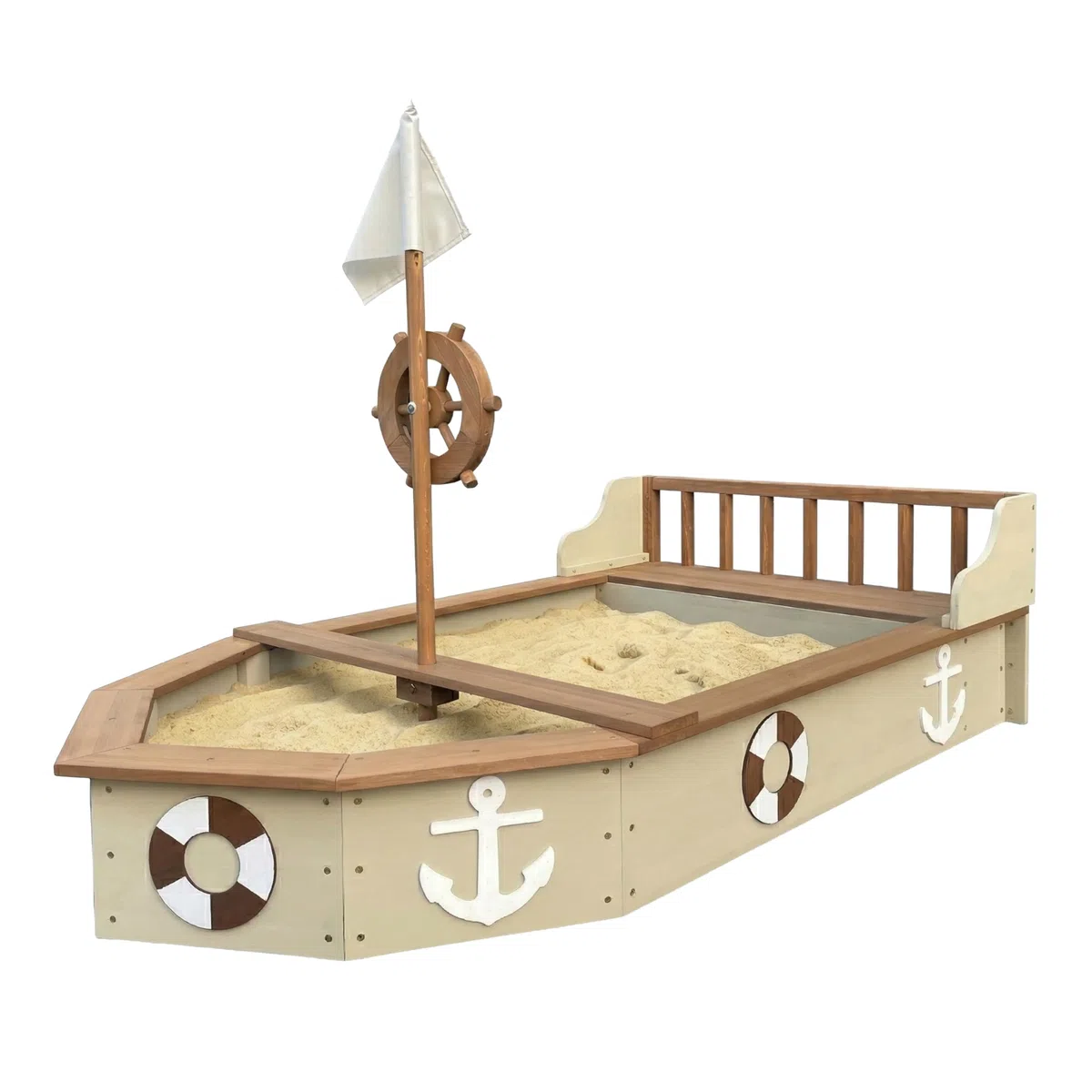 AXI Doris Sabbiera in legno, Sabbiera in legno a forma di barca - Beige | Sabbiera barca, Timone girevole sull'albero maestro | Include vela e panno di terra 153 x 90 x 100 cm circa 180 kg di sabbia