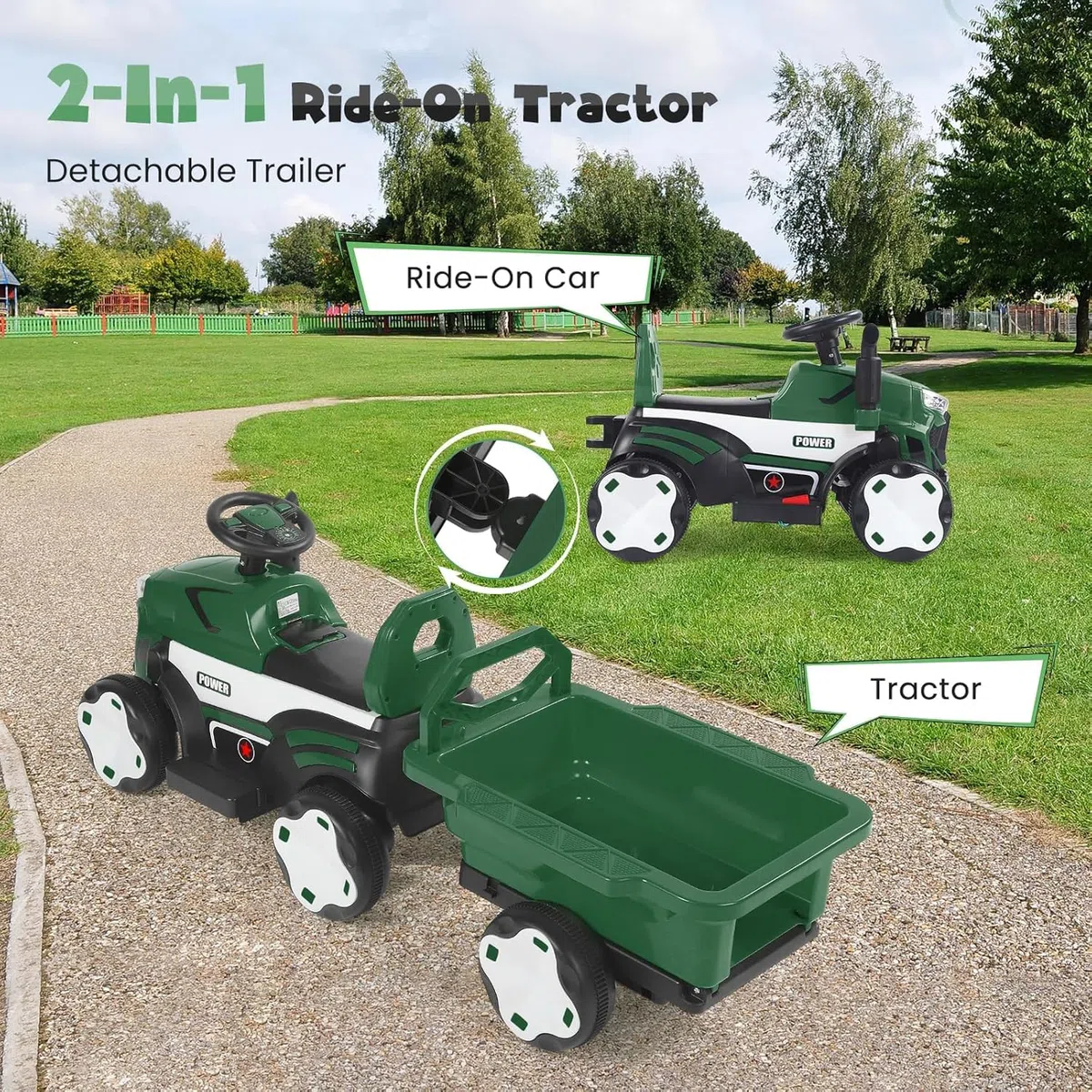 Trattore per Bambini Elettrico 2 in 1 con Rimorchio, LED, Musica, Ruote Antiscivolo, Portata 50 kg