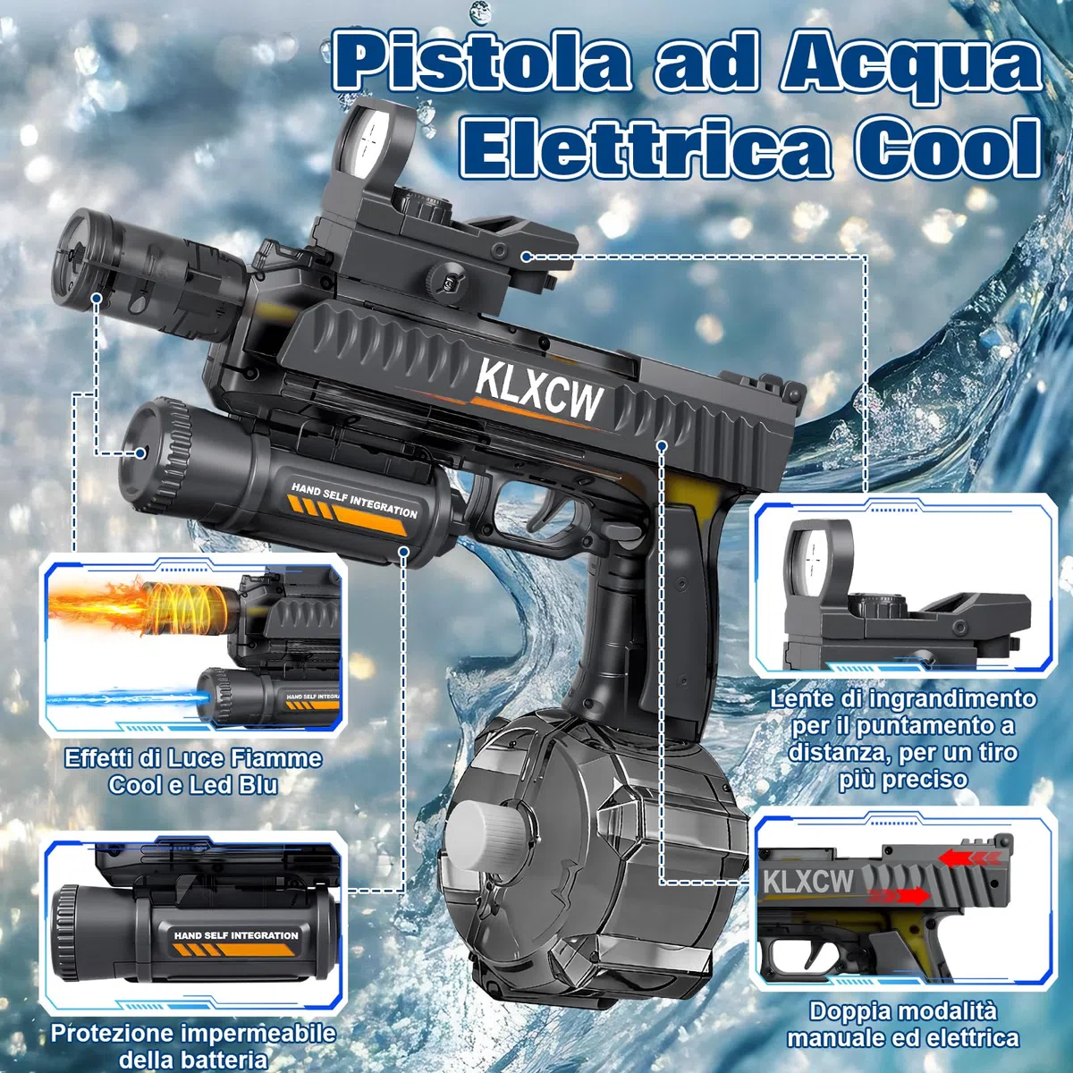IEEILULU Pistola ad Acqua Elettrica, Electric Water Gun con Luce, Fucile ad Acqua Elettrico da 750 mL, Ideale per I Giochi di Tiro con Le Pistole ad Acqua (Nero-1)