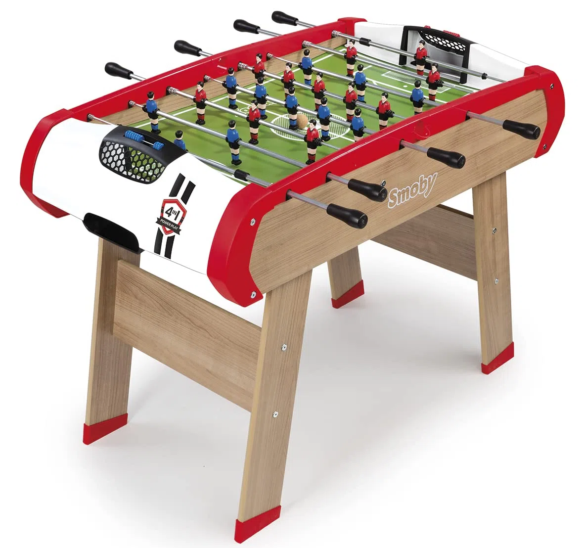 Smoby - Calcio Balilla Powerplay 4 in 1 - Ping Pong + Hockey e Biliardo - Struttura in legno - Accessori inclusi - Palline, Racchette da Ping Pong, Biliardi, Aste - Da 8 anni