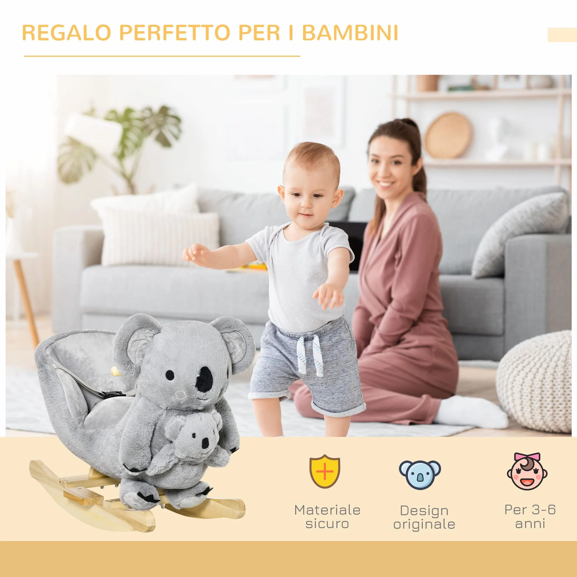 HOMCOM Cavallo a Dondolo Koala in Peluche Imbottita con Suoni, Cintura di sicurezza e Base in Legno, 60x33x50cm, Grigio