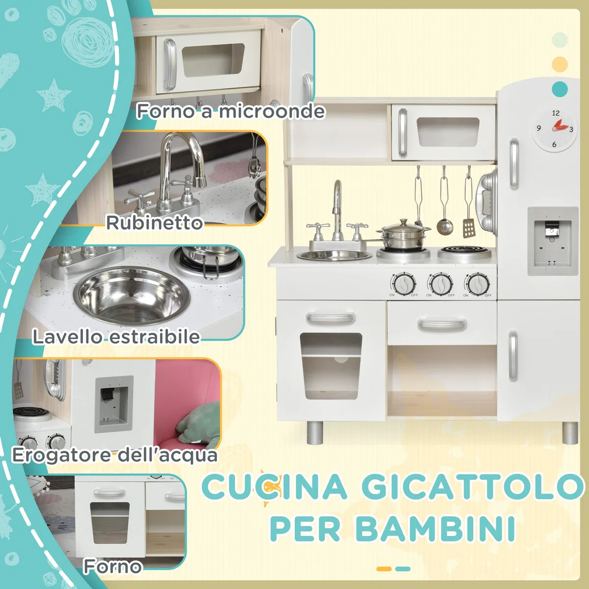 HOMCOM Cucina Giocattolo in Legno per Bambini con Lavandino e Fornelli, Pentole e Utensili in Acciaio, 74x30x81cm, Bianco