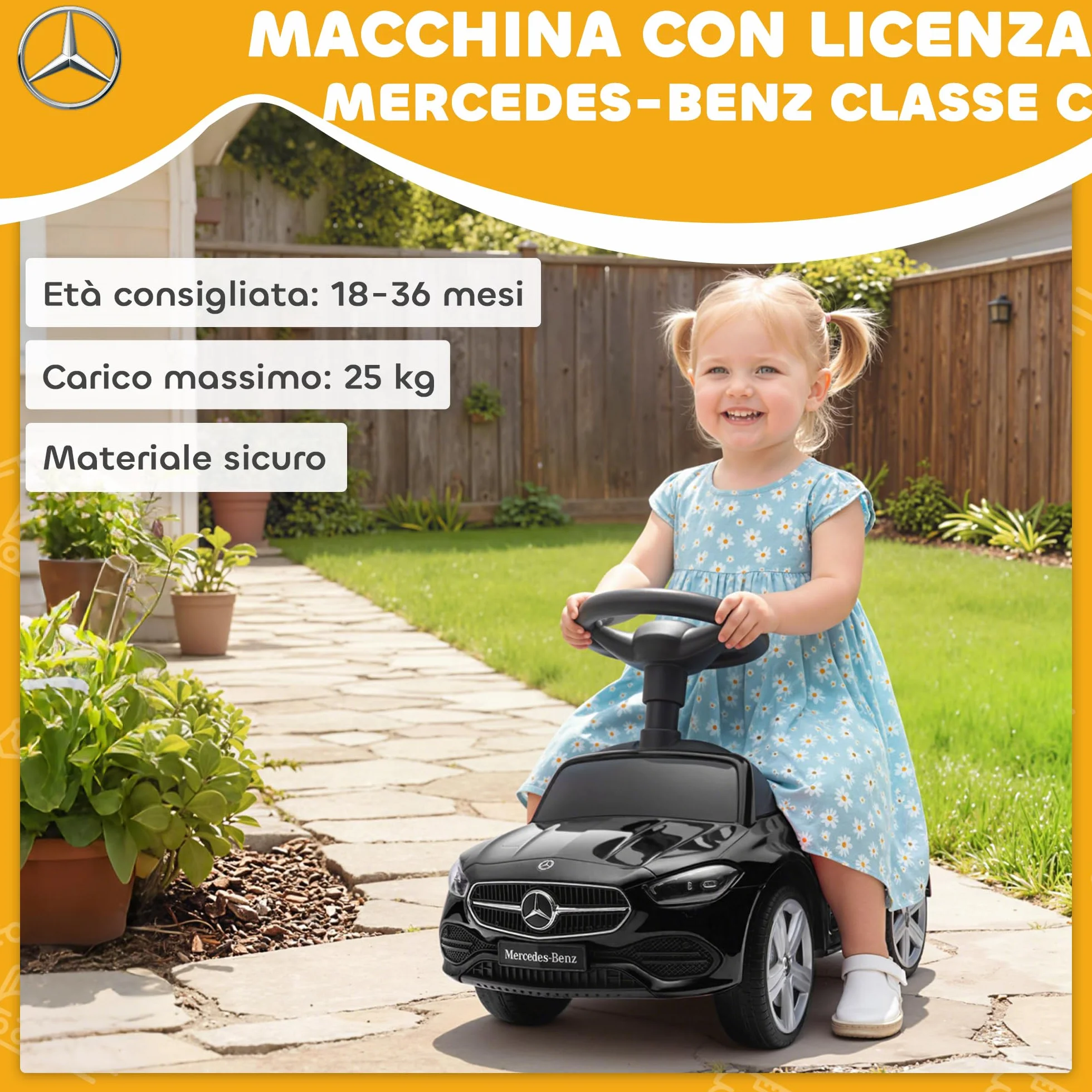 AIYAPLAY Macchina Primi Passi per Bambini Licenza Mercedes Benz con Clacson e Spazio Portaoggetti, Auto per Bambini in PP e Acciaio, 65x28x39 cm, Nero